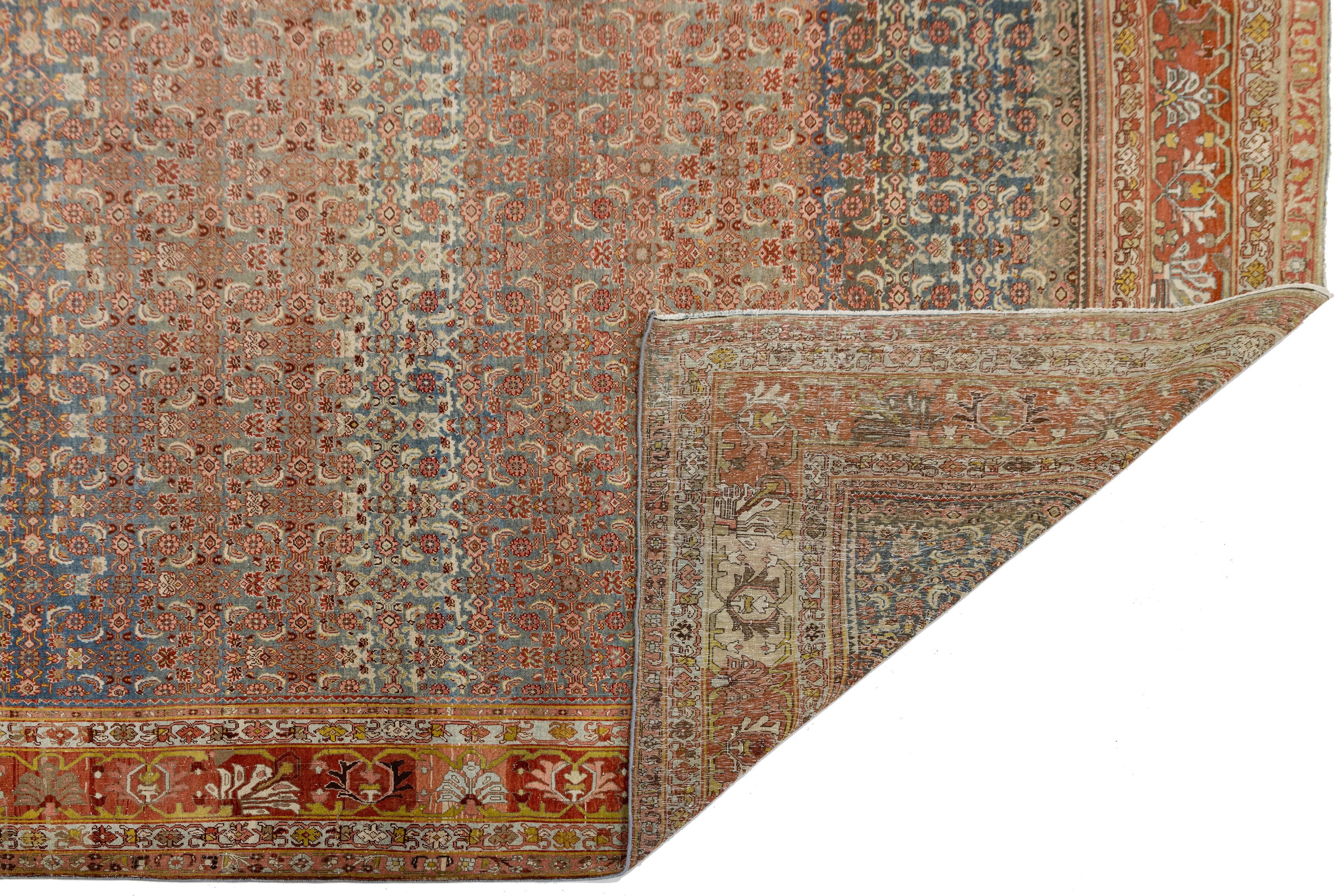 Antiker Bidjar Persischer Wollteppich Handgefertigt in Blau mit Geometrischen Motiven (Handgeknüpft) im Angebot