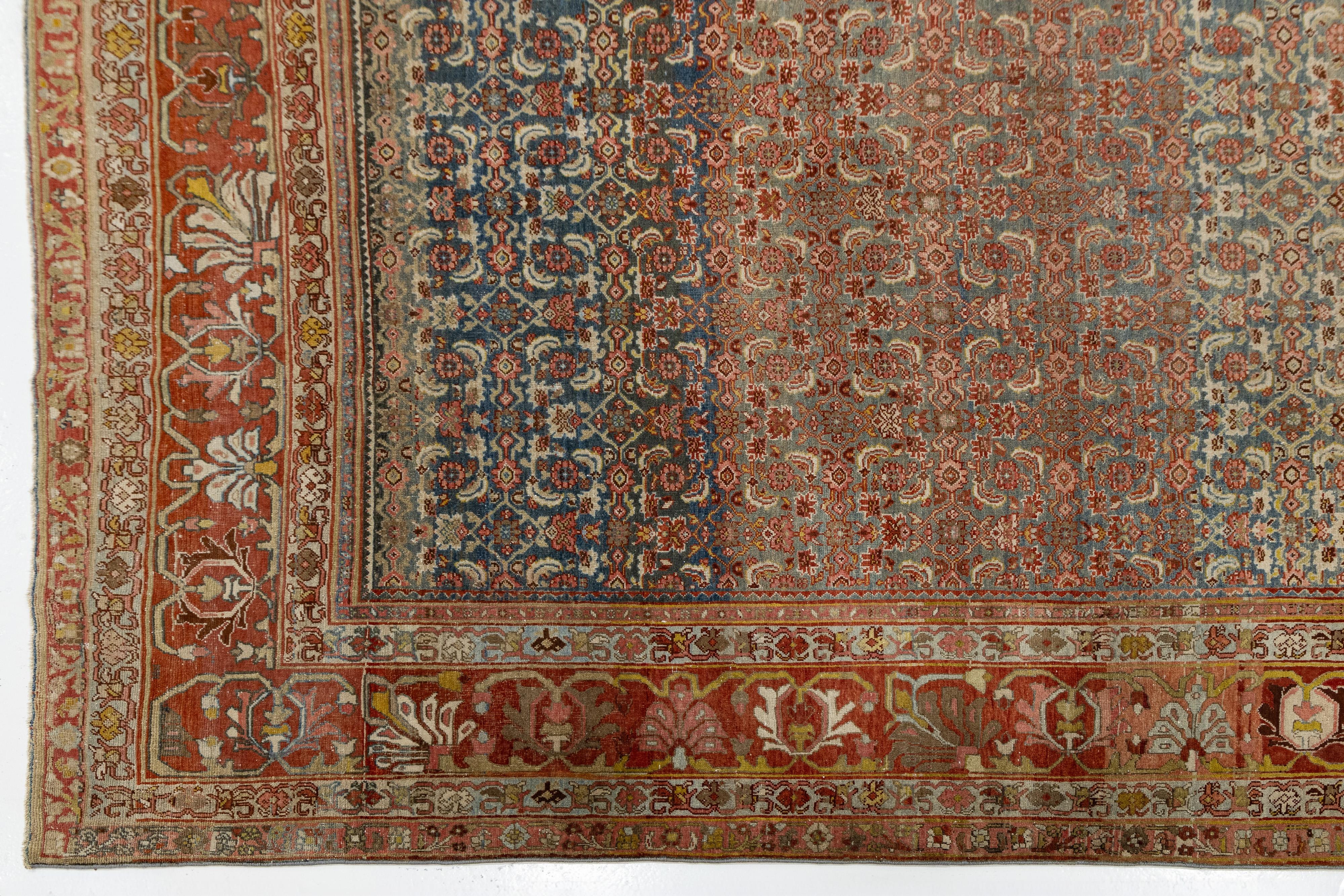 Antiker Bidjar Persischer Wollteppich Handgefertigt in Blau mit Geometrischen Motiven (Wolle) im Angebot