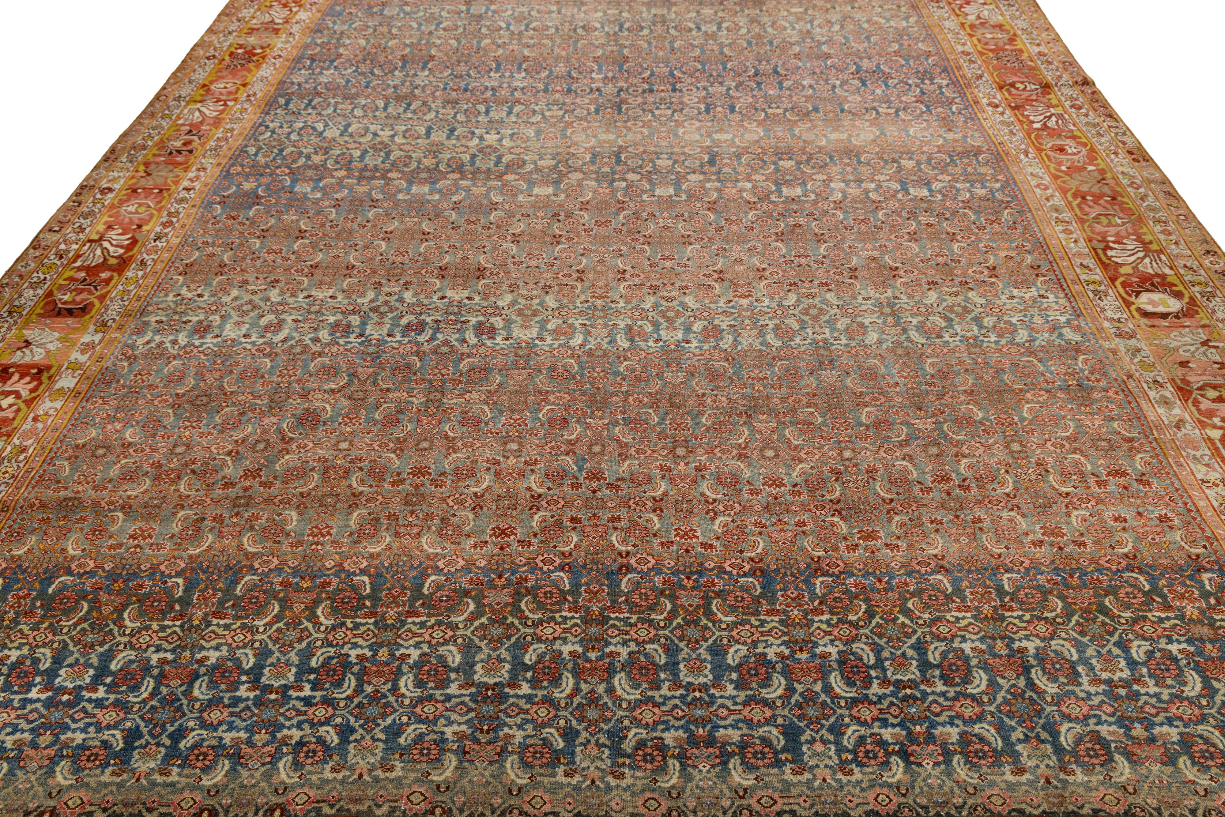 Antiker Bidjar Persischer Wollteppich Handgefertigt in Blau mit Geometrischen Motiven im Angebot 1