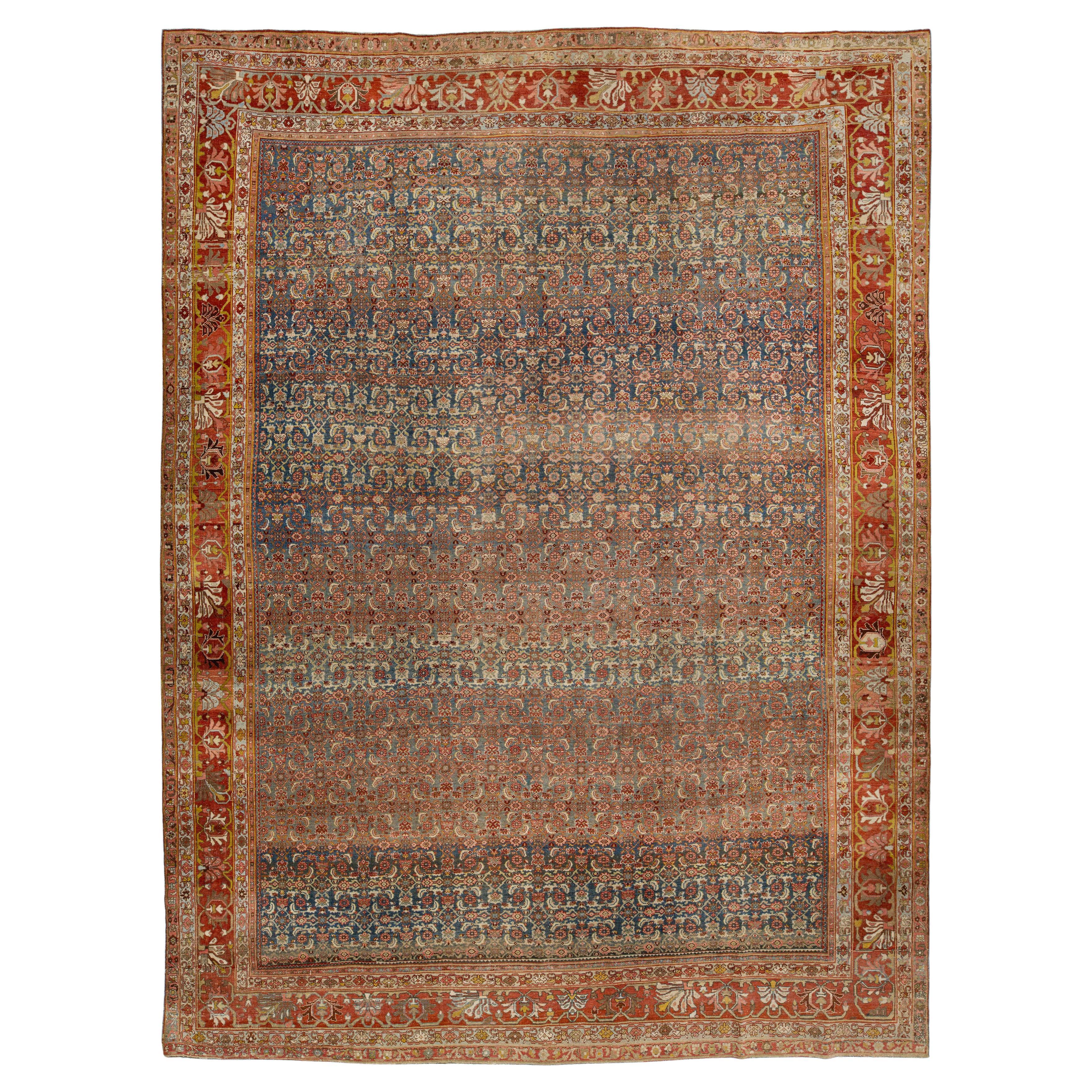 Antiker Bidjar Persischer Wollteppich Handgefertigt in Blau mit Geometrischen Motiven