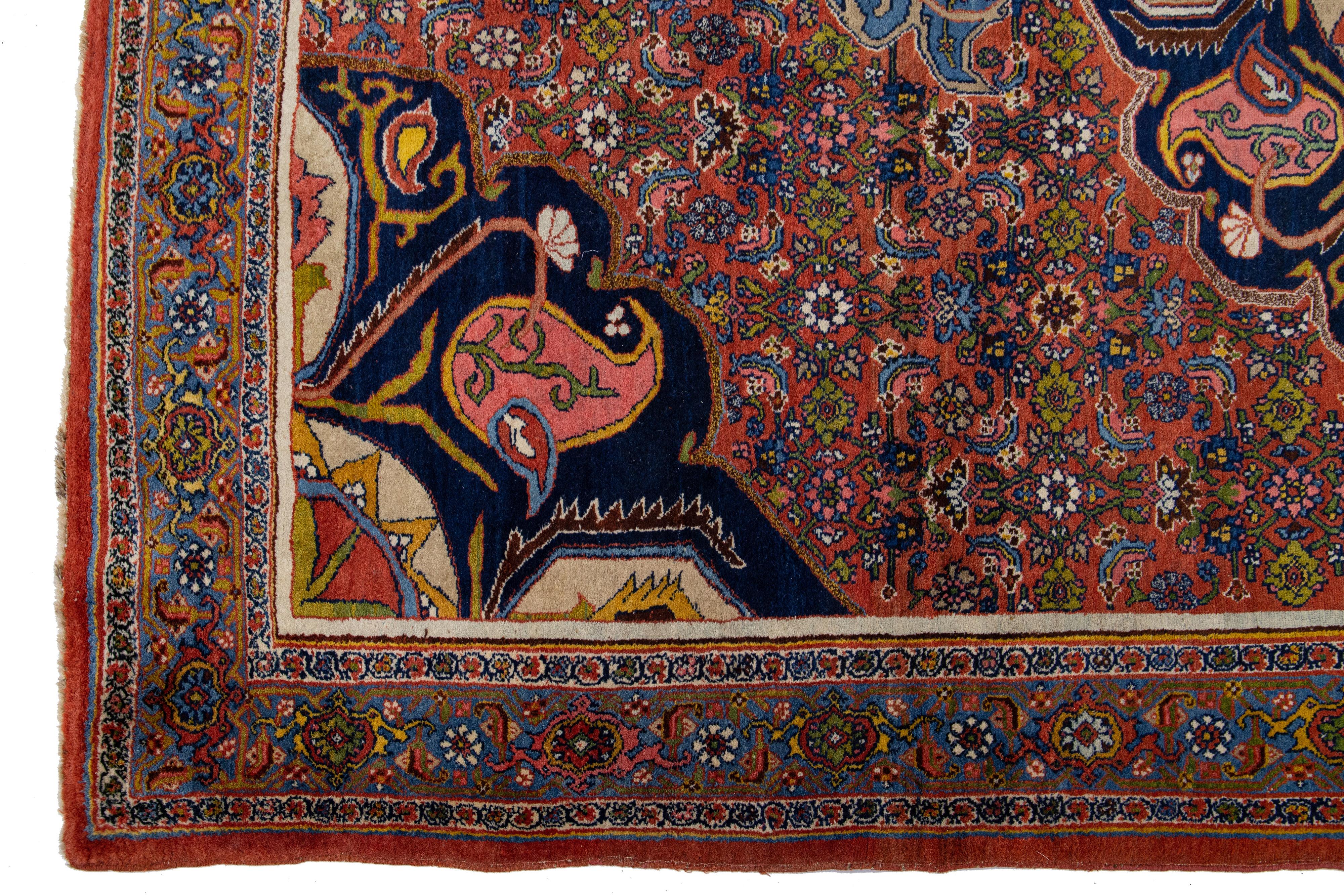 Islamic Antique Bidjar Red Handmade Persian Wool Rug with Medallion Floral Motif For Sale