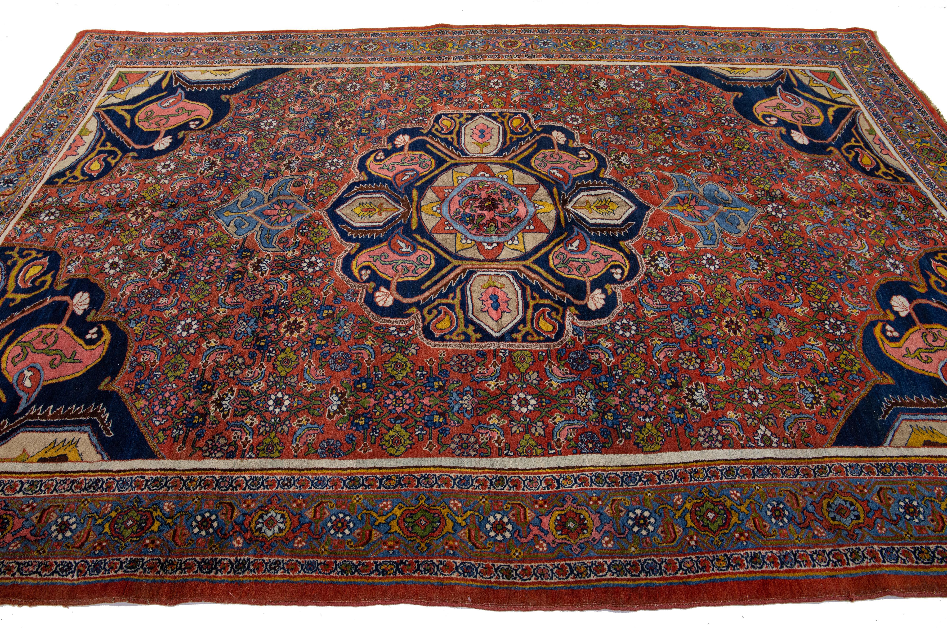 Hand-Knotted Antique Bidjar Red Handmade Persian Wool Rug with Medallion Floral Motif For Sale