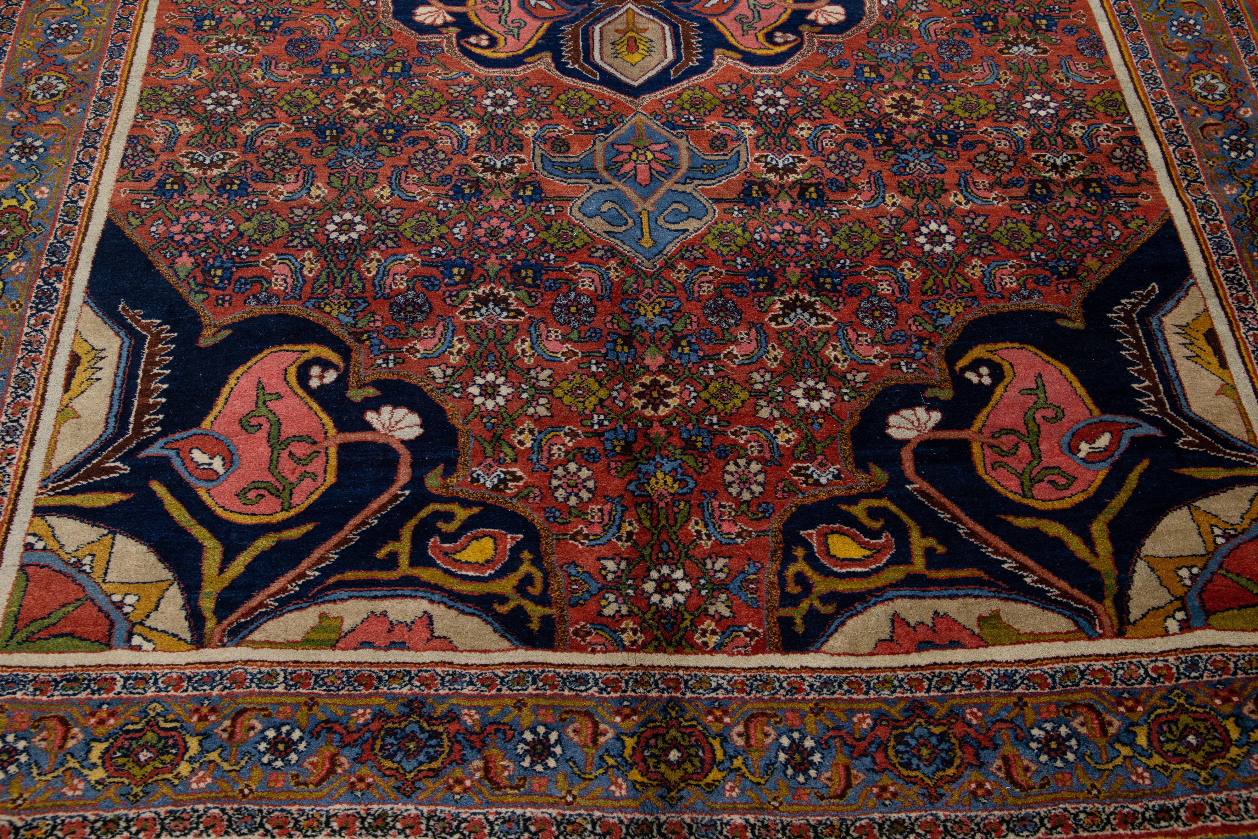 20th Century Antique Bidjar Red Handmade Persian Wool Rug with Medallion Floral Motif For Sale