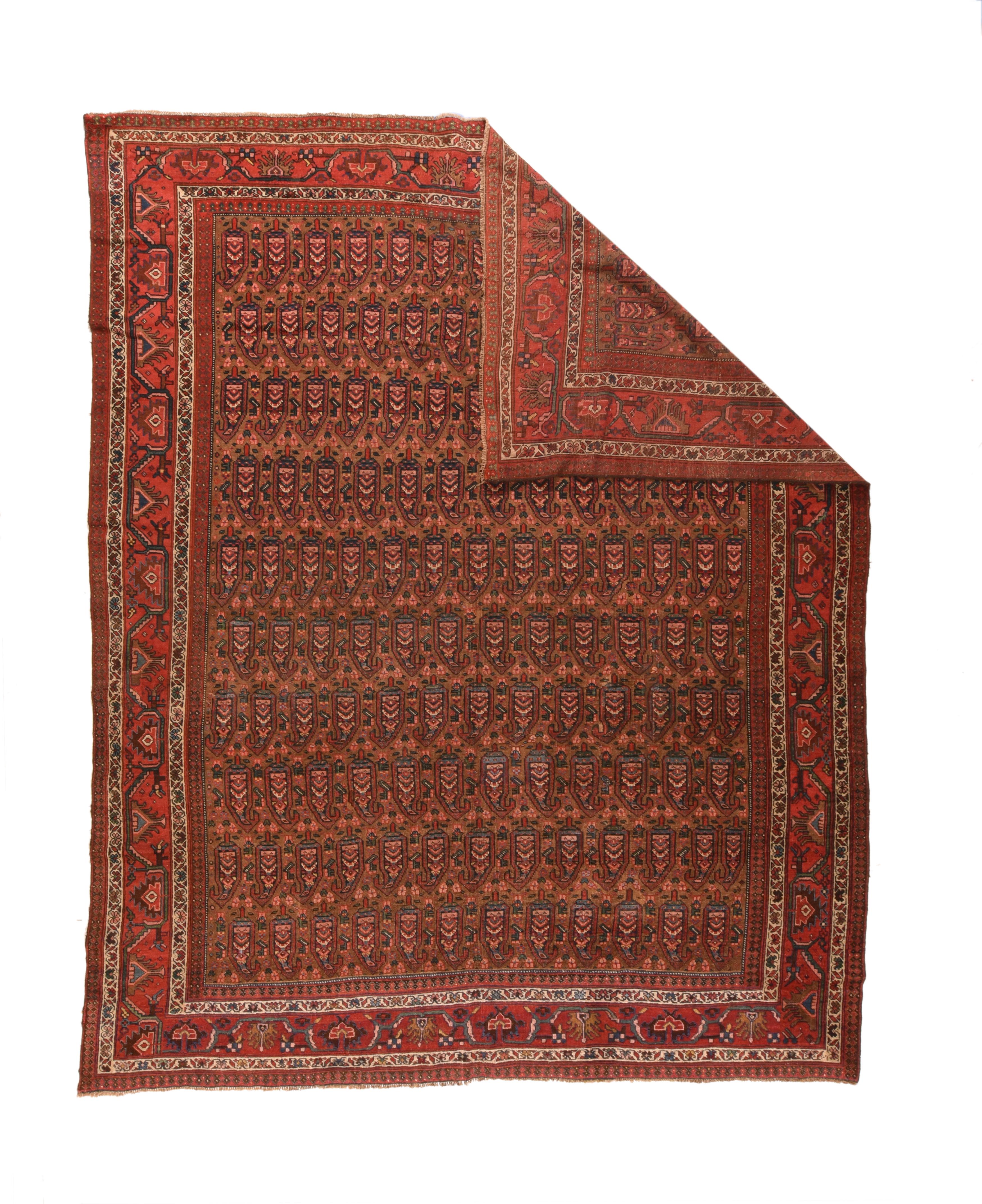 Antique Bidjar Rug 7'11'' x 10'6''. The coral tan field shows yen reversing, offset rows of geometric botehs. Red main strip style border with reversing triangular, fringed palmettes in the Malayer manner. En suite, ecru minors with reversing fan