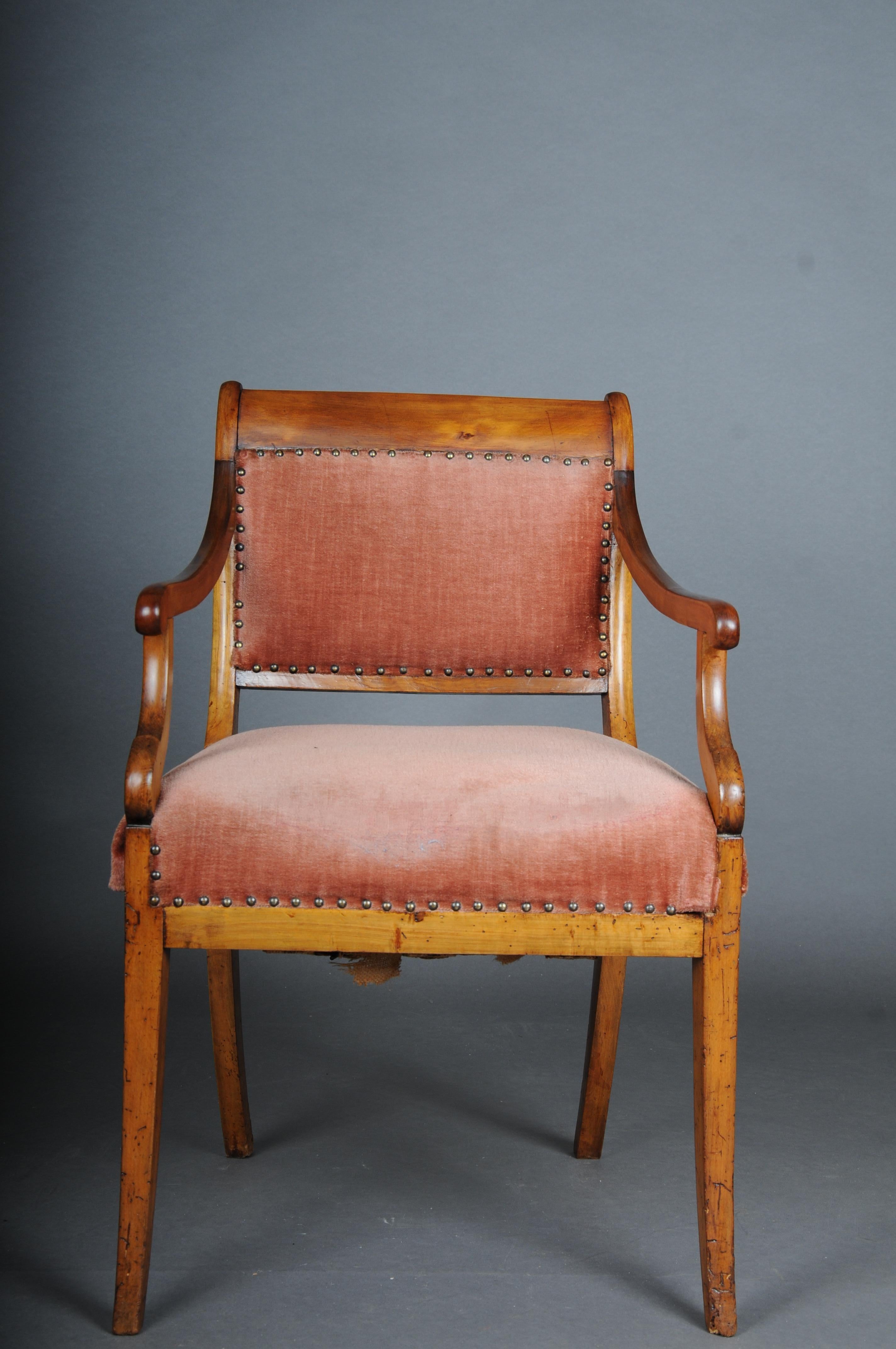 Antique Biedermeier armchair around 1840, birch #

Solid birch body. Back and seat upholstery upholstered with elaborate laced spring floor and covered with fabric. Curved armrests. Slightly curved rear saber legs.
Germany, Biedermeier around 1840
