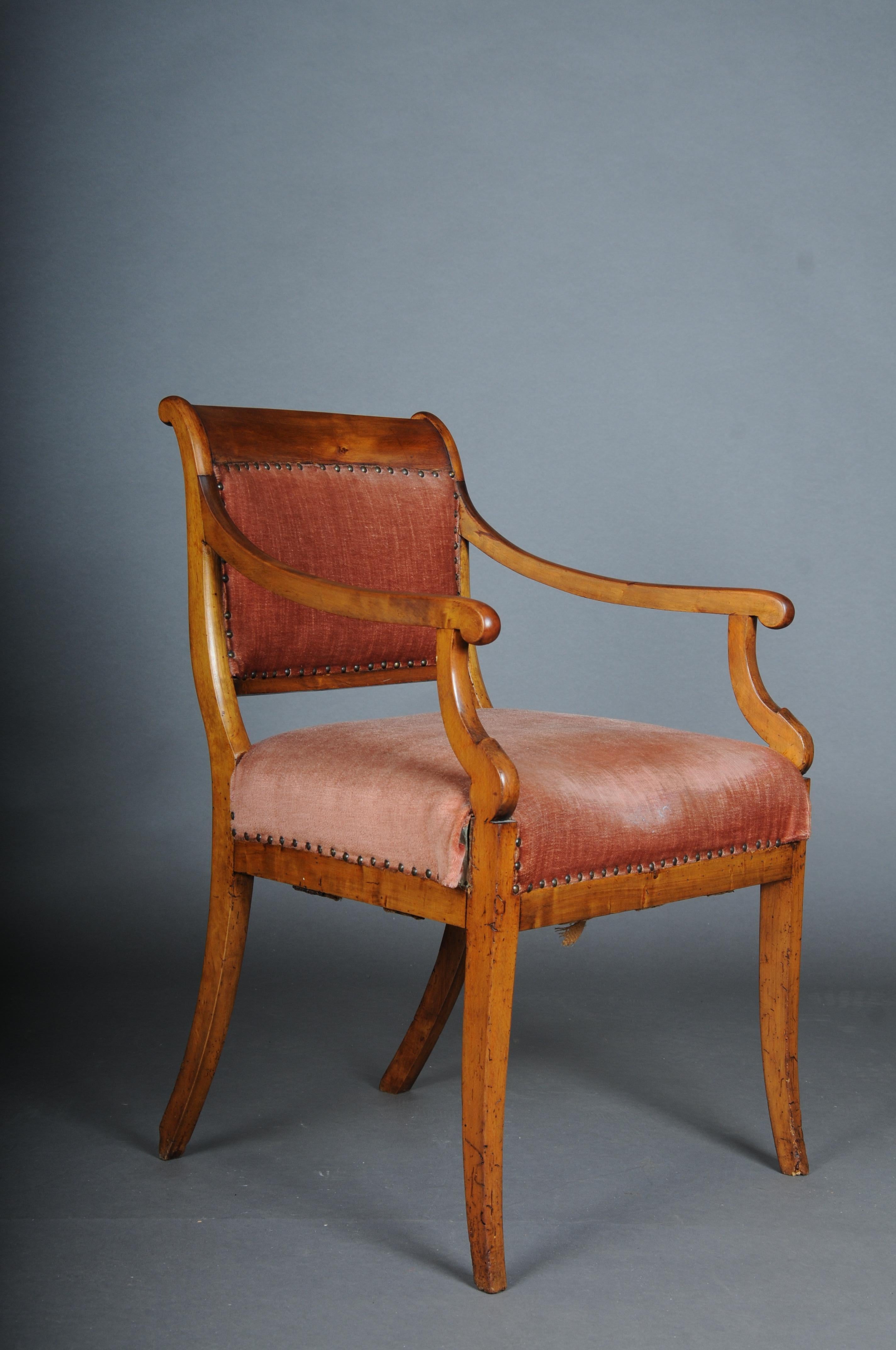 Fabric Antique Biedermeier armchair from around 1840, birch For Sale