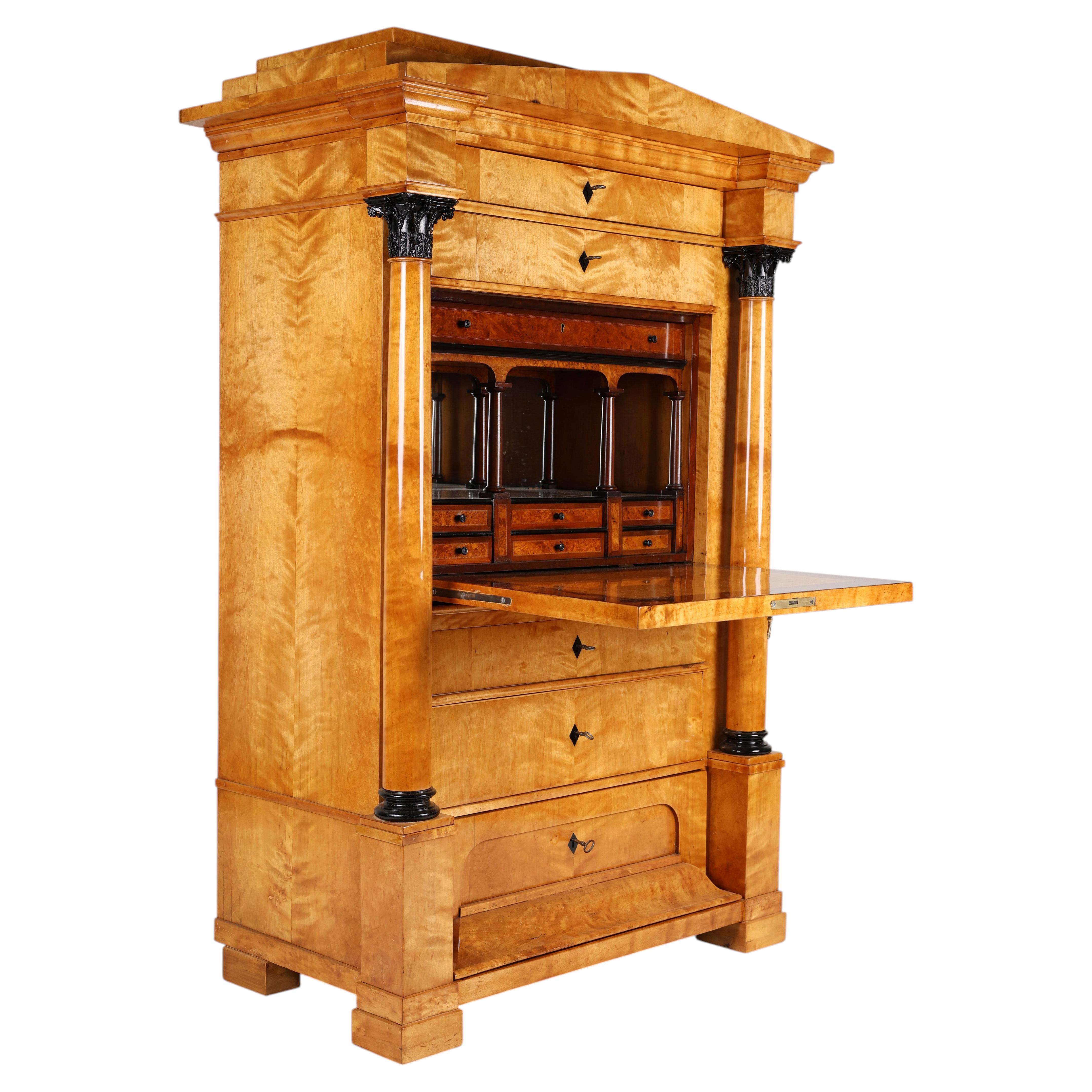 Antique Biedermeier Birch Secretary Desk with Architectural Interior, Germany, c