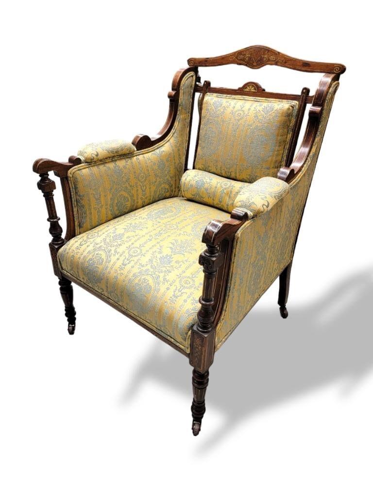 Antique Biedermeier carved and inlaid silk upholstered armchair

Exquisite antique Biedermeier armchair. Beautifully Crafted, hand carved, pierced panel back armchair with finely detailed inlay, gorgeous turned, fluted pierced arms and turned feet