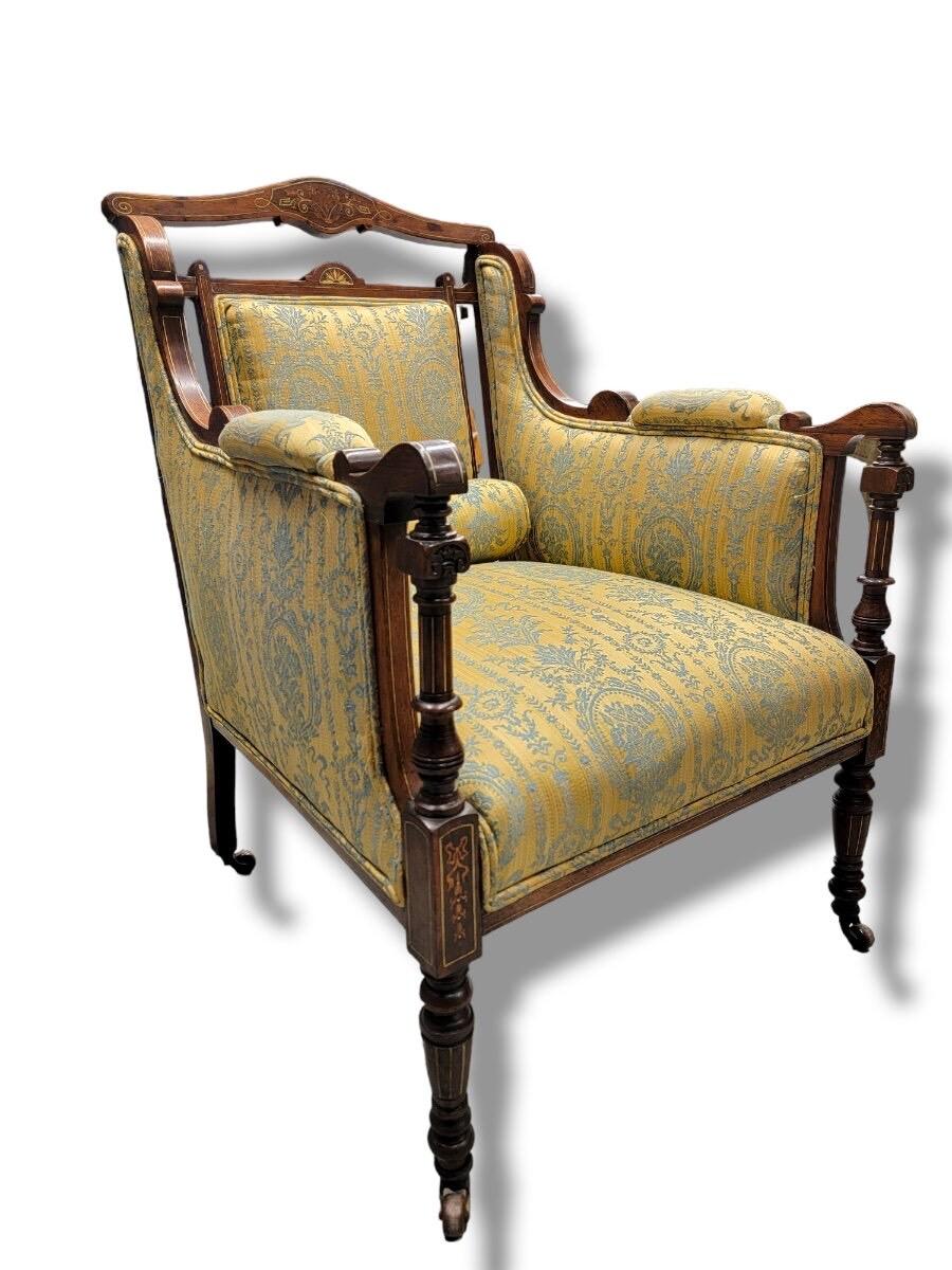 Austrian Antique Biedermeier Carved and Inlaid Silk Upholstered Armchair For Sale