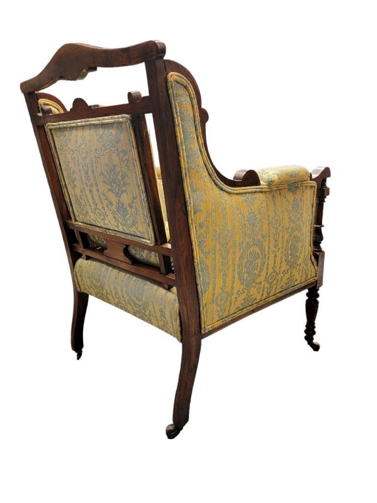 Hand-Carved Antique Biedermeier Carved and Inlaid Silk Upholstered Armchair For Sale