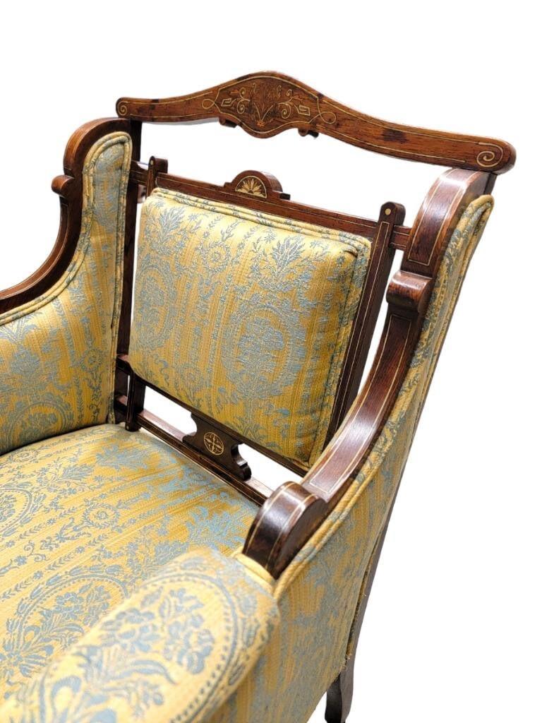 Mid-19th Century Antique Biedermeier Carved and Inlaid Silk Upholstered Armchair For Sale