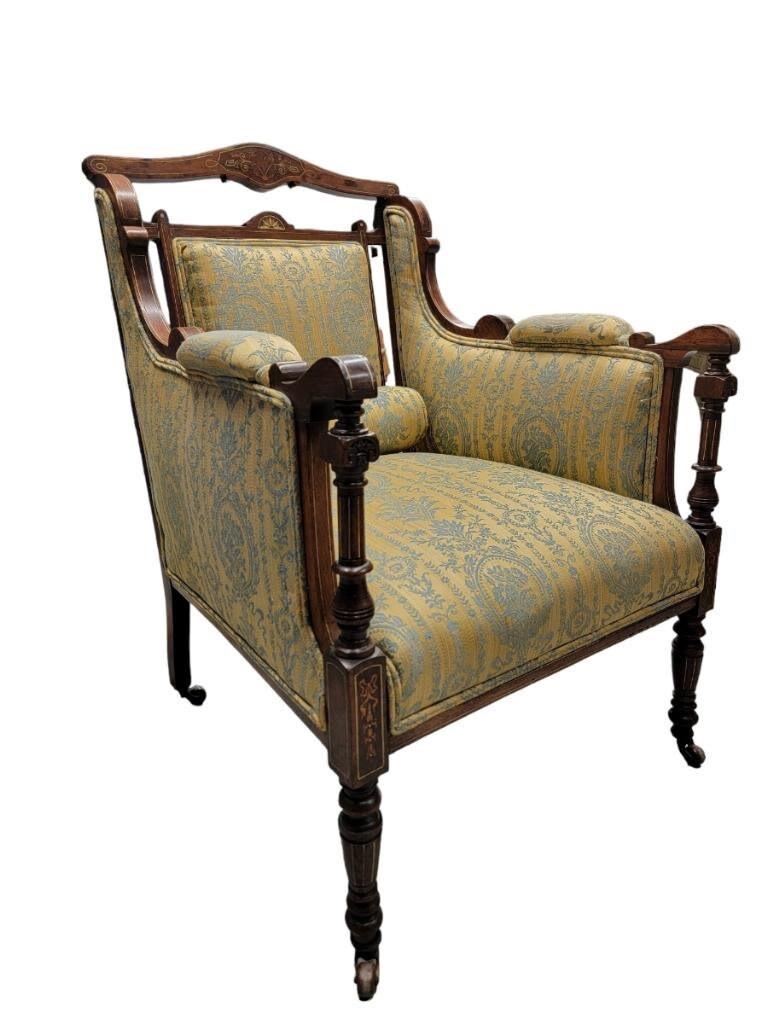 Antique Biedermeier Carved and Inlaid Silk Upholstered Armchair For Sale 1