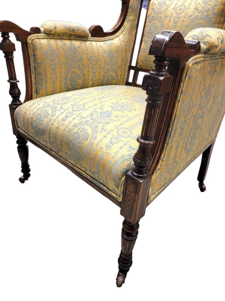 Antique Biedermeier Carved and Inlaid Silk Upholstered Armchair For Sale 2