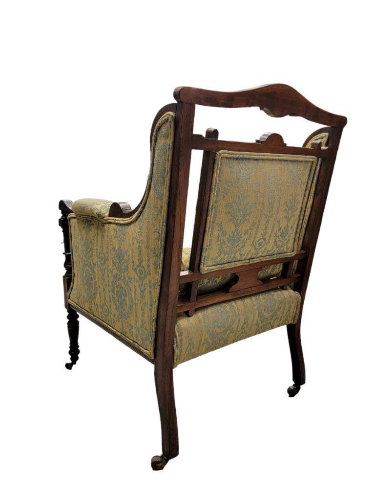 Antique Biedermeier Carved and Inlaid Silk Upholstered Armchair For Sale 3