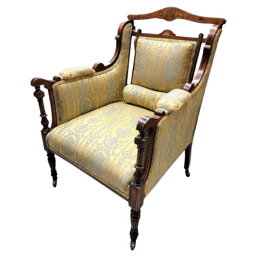 Antique Biedermeier Carved and Inlaid Silk Upholstered Armchair For Sale