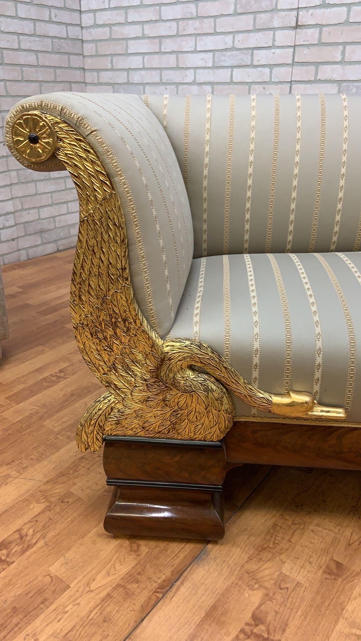 Silk Antique Biedermeier Carved Flanking Gold Gilded Goose Scrolled Arm Parlor Sofa For Sale