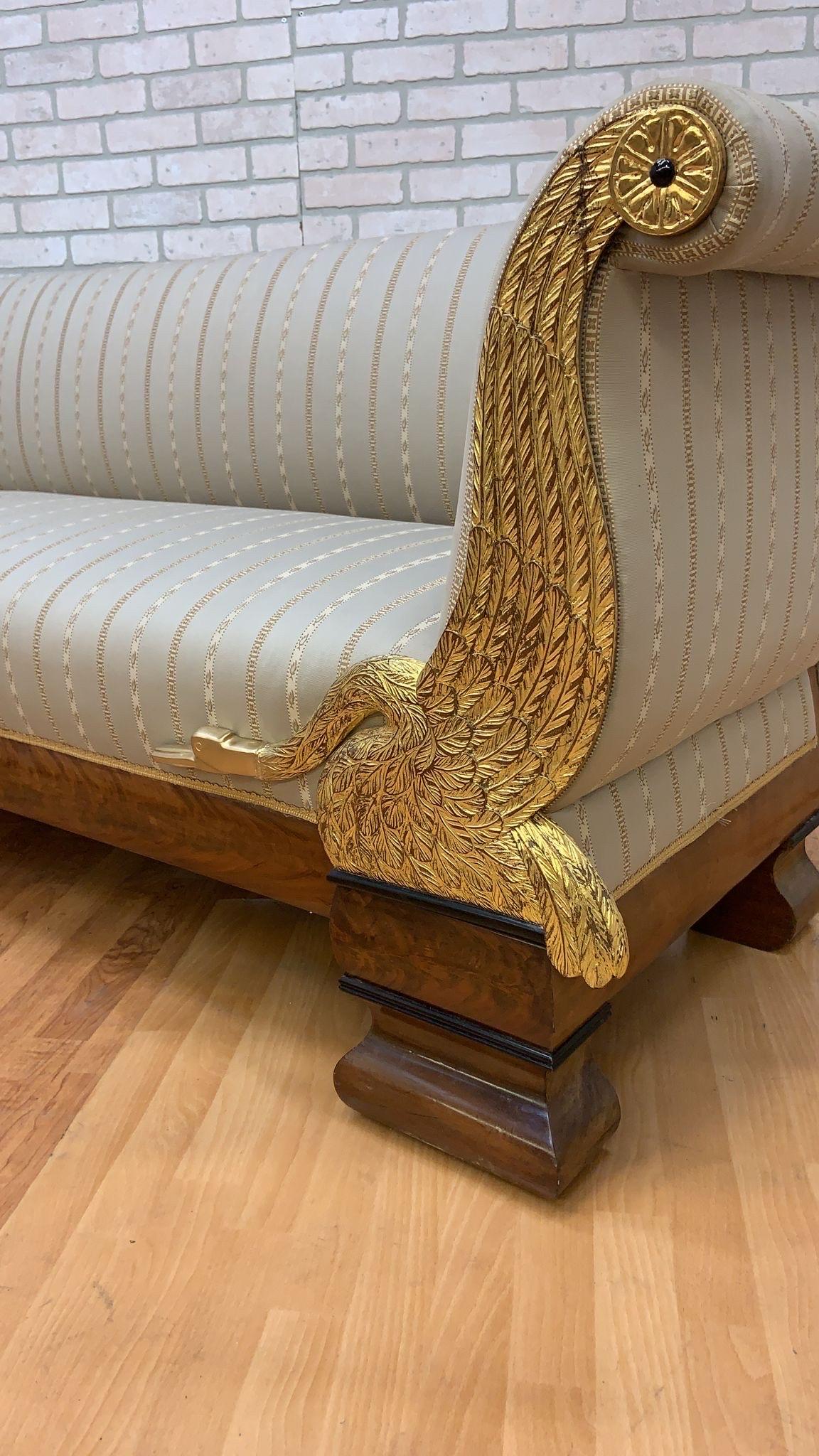 Antique Biedermeier Carved Flanking Gold Gilded Goose Scrolled Arm Parlor Sofa For Sale 1