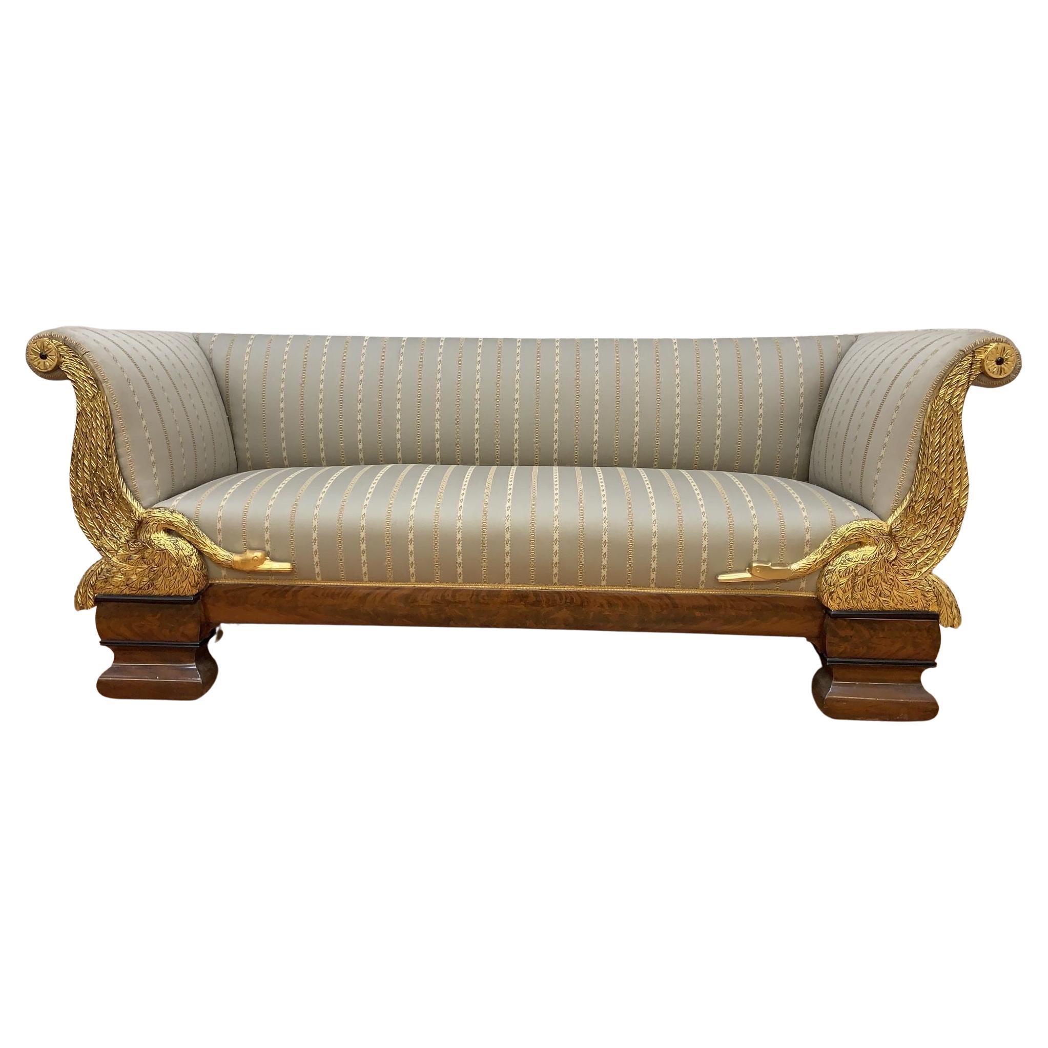 Antique Biedermeier Carved Flanking Gold Gilded Goose Scrolled Arm Parlor Sofa For Sale