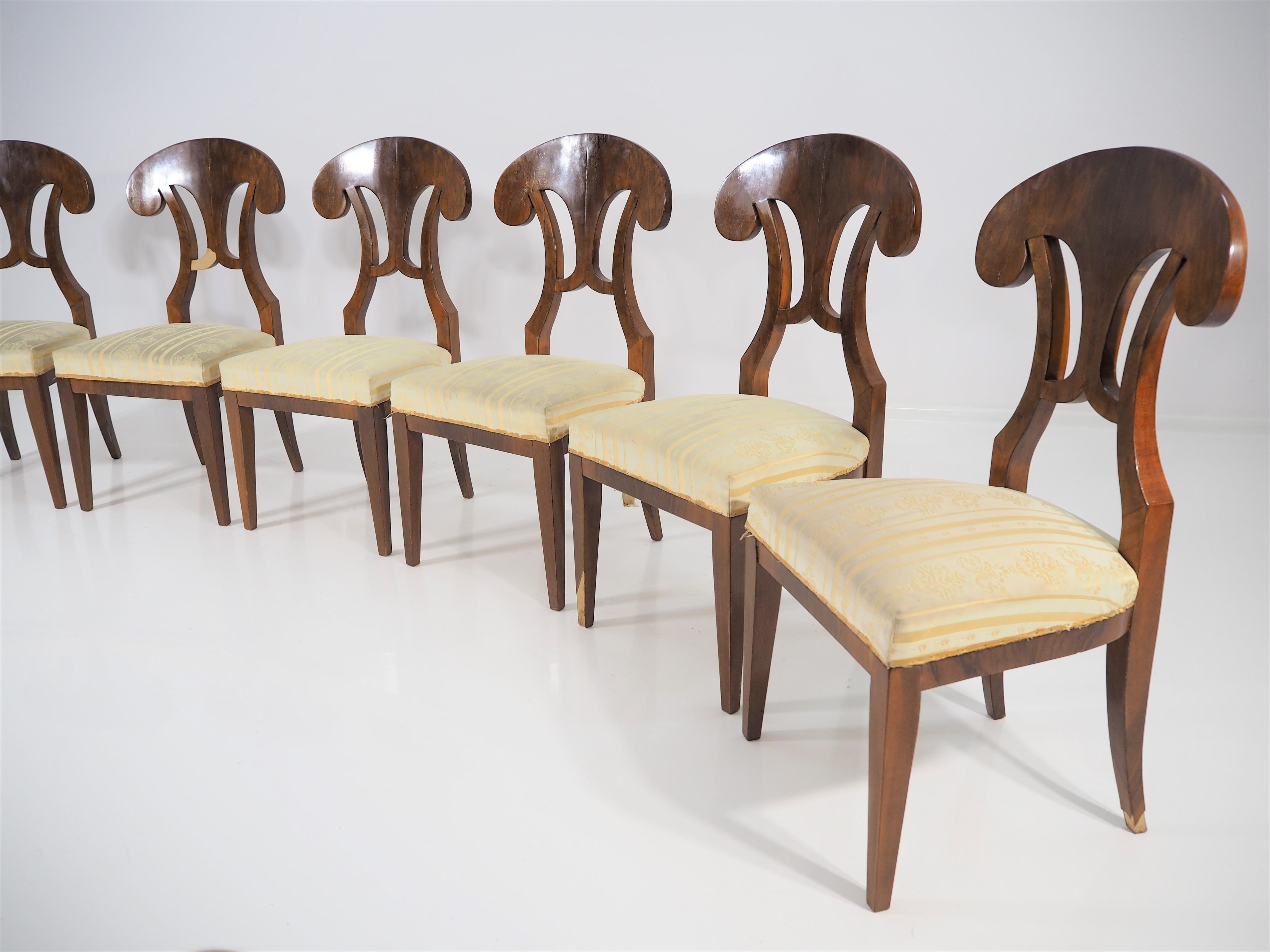 Set of 6 Biedermeier chairs veneered with walnut.