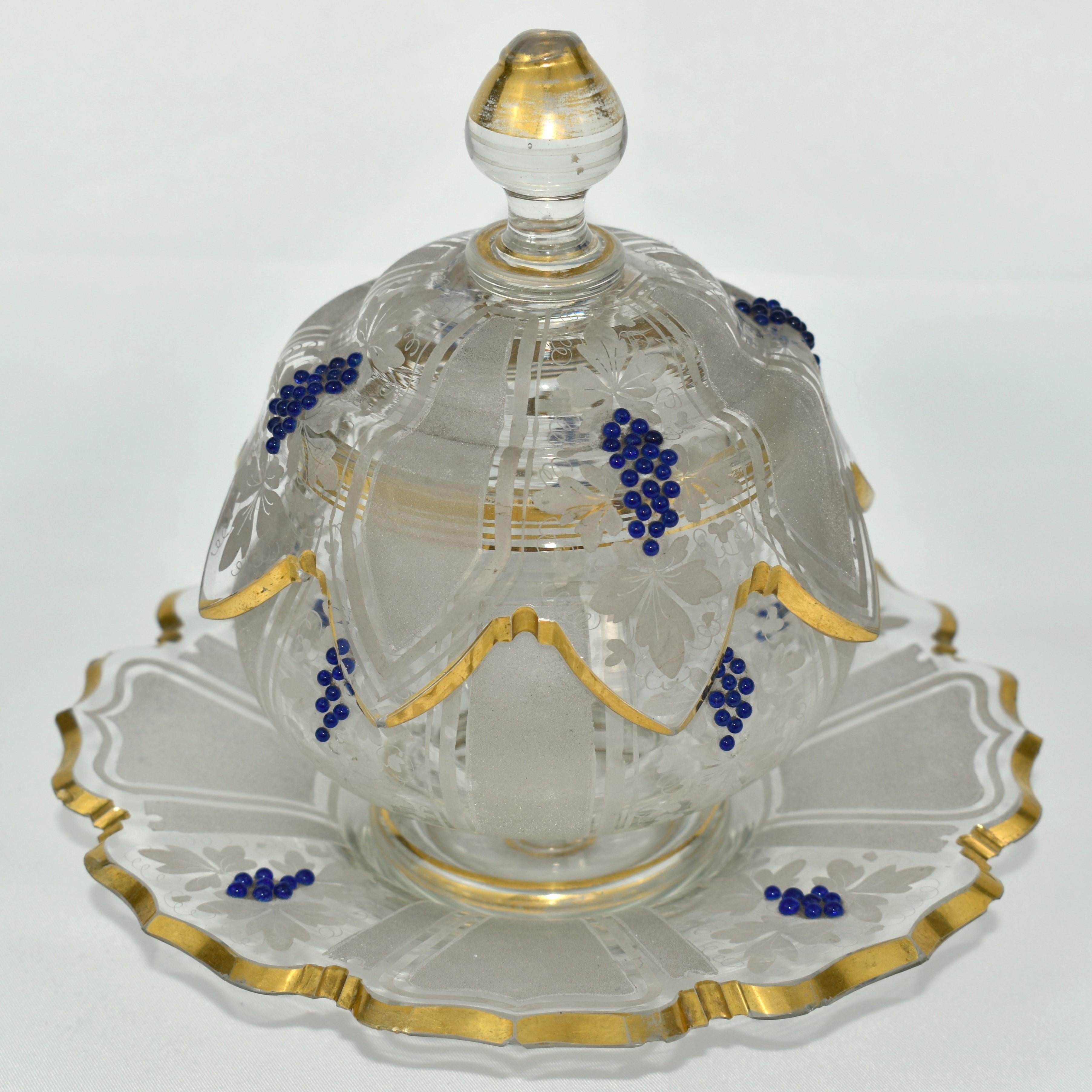 Hand-Painted Antique Biedermeier Enamelled Glass Sugar Bowl, Candy Box, Bonbonniere For Sale
