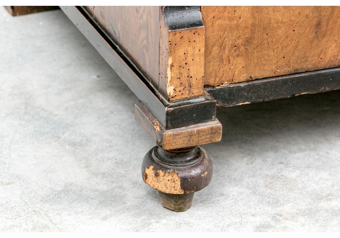 Eine klassische Biedermeier-Kommode mit drei langen Schubladen in wunderschön gemasertem Holz, wahrscheinlich Nussbaum. Eine dunkle Leiste verläuft um die Kommode herum, unterhalb der obersten Schublade und mit einer passenden Leiste um den Sockel.