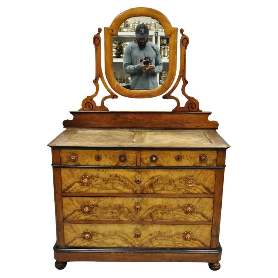 Antique Biedermeier Louis Philippe Burl Walnut Chest Dresser with Mirror
