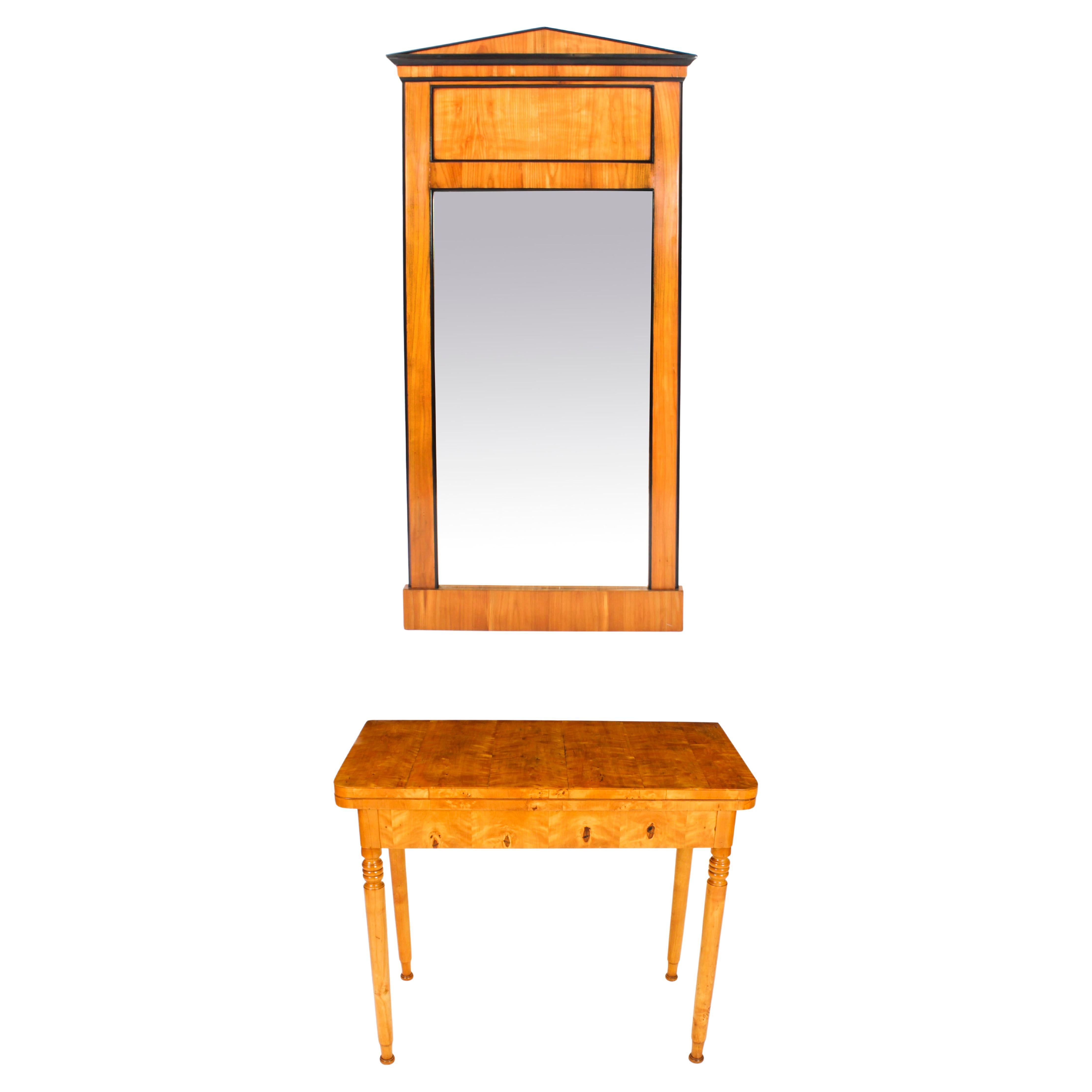 Ancienne console/table à cartes Biedermeier Maserbirch et miroir 19ème siècle en vente