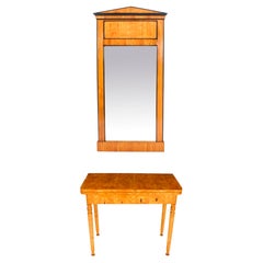 Antique Biedermeier Maserbirch Console/ Card Table and Mirror 19th Century