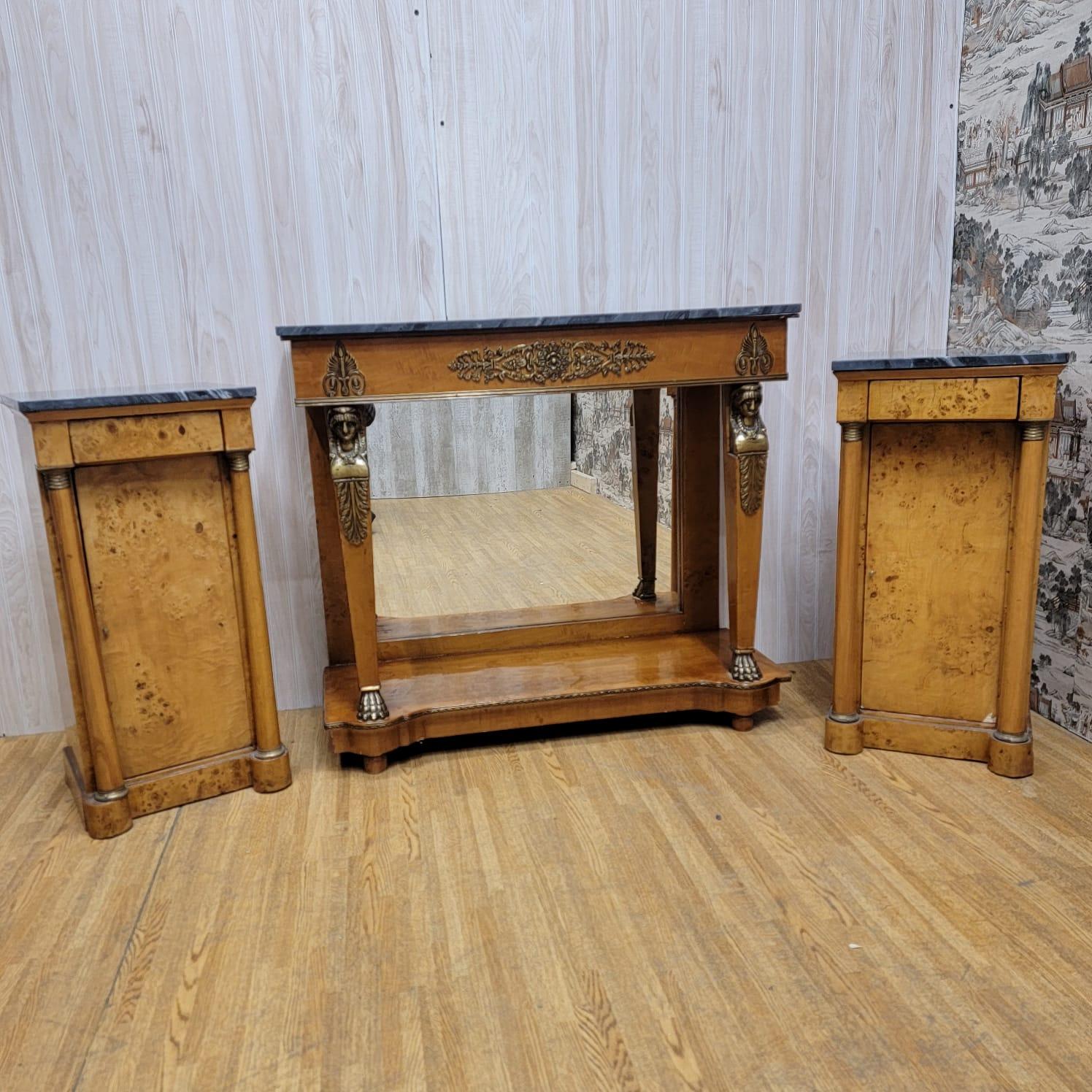 Antique Biedermeier Mirror Back Pier Console Table with 2 Marble Top Side Chests For Sale 9