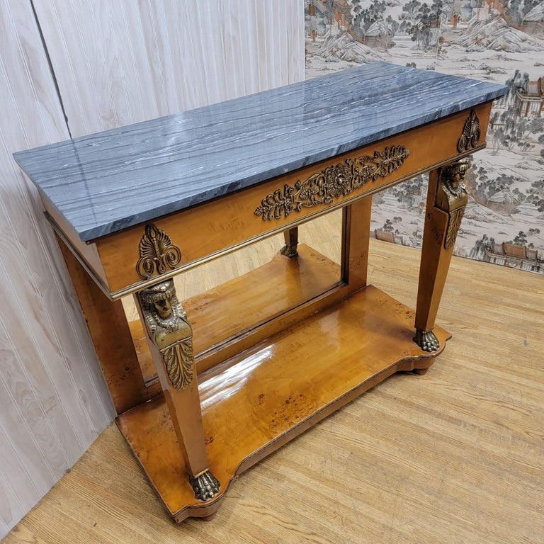 Antique Biedermeier Mirror Back Pier Console Table with 2 Marble Top Side Chests For Sale at 1stDibs