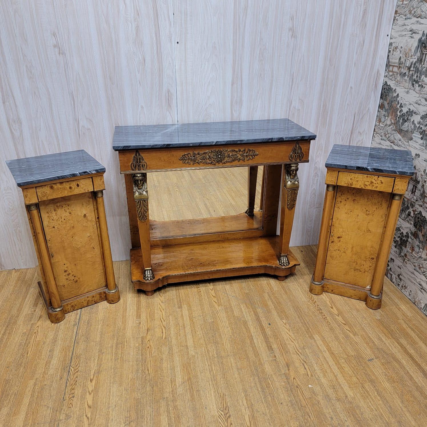 Brass Antique Biedermeier Mirror Back Pier Console Table with 2 Marble Top Side Chests For Sale
