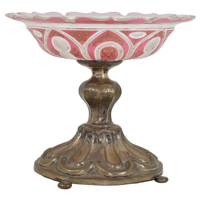Antique Biedermeier Overlay Enameled Glass Tazza Bowl, 19th Century For Sale at 1stDibs