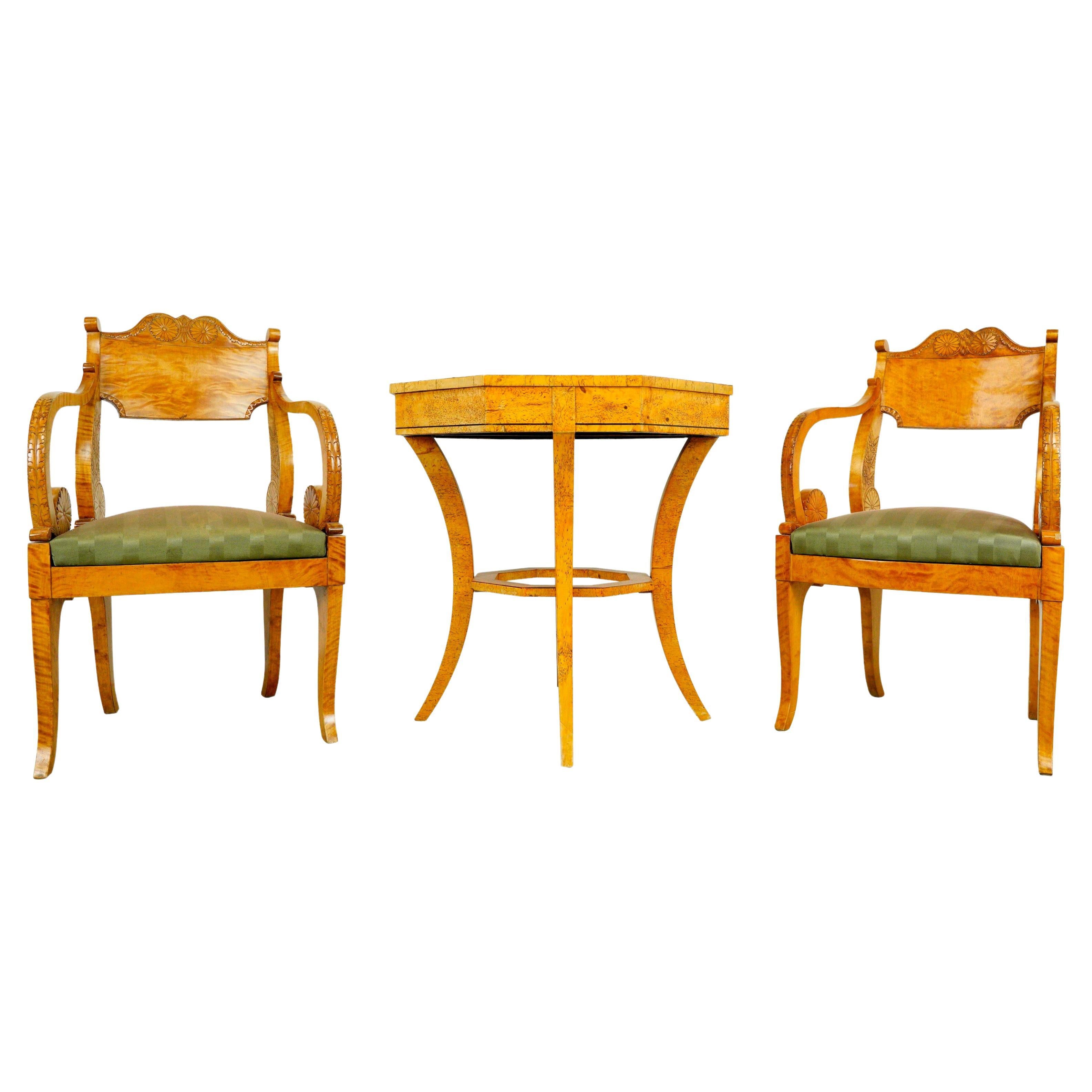 Antique Biedermeier Period Maple Chairs & Tea Table Set For Sale