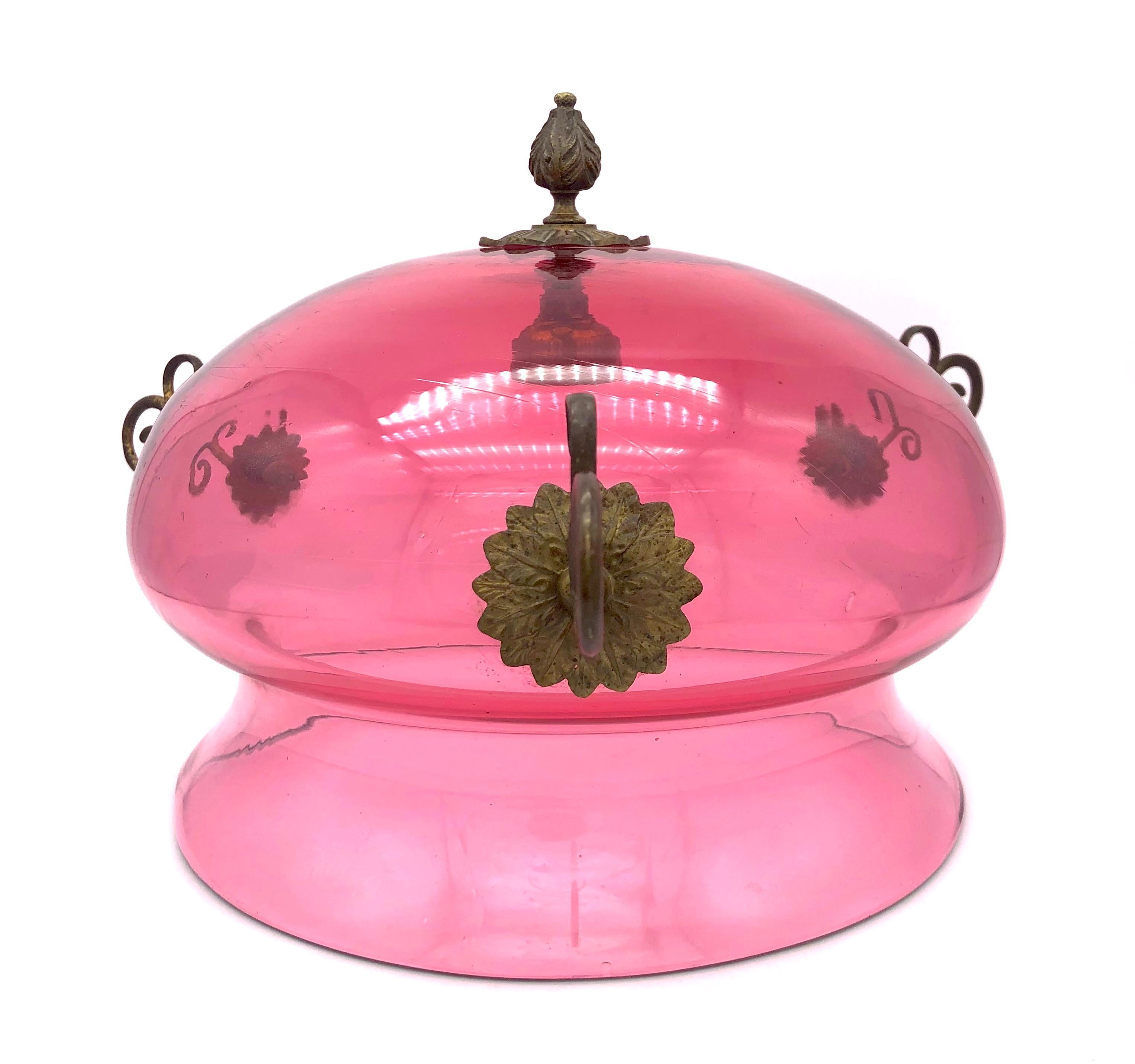 European Antique Biedermeier Ruby Glass Brass Ceiling Light for Candles For Sale