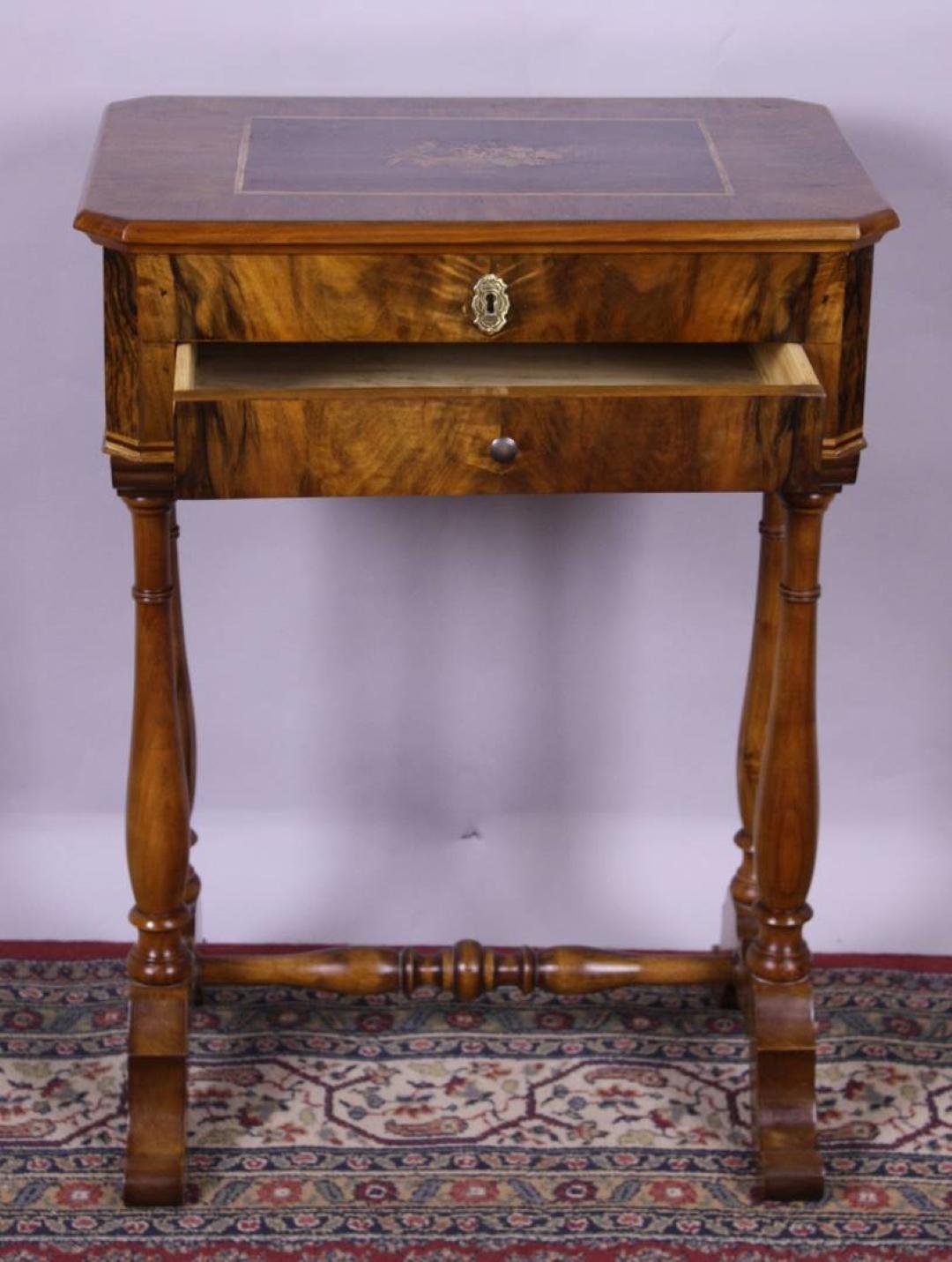 German Antique Biedermeier Sewing Table with Maquetry For Sale