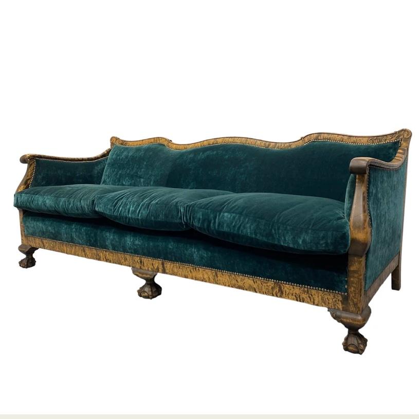 German Antique Biedermeier Sofa Emerald Green Velvet Walnut