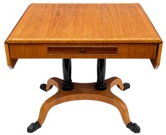 Antique Biedermeier Style Satinwood Drop Leaf Table W/ Ebonized Pedestal & Paws