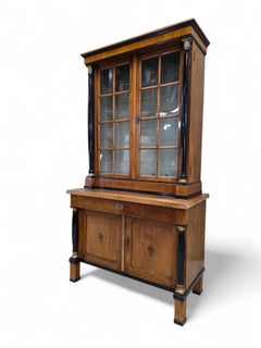 Antique Biedermeier Style Walnut Bookcase Vitrine