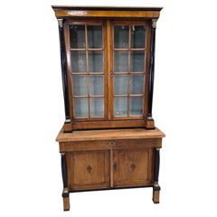 Antique Biedermeier Style Walnut Bookcase Vitrine