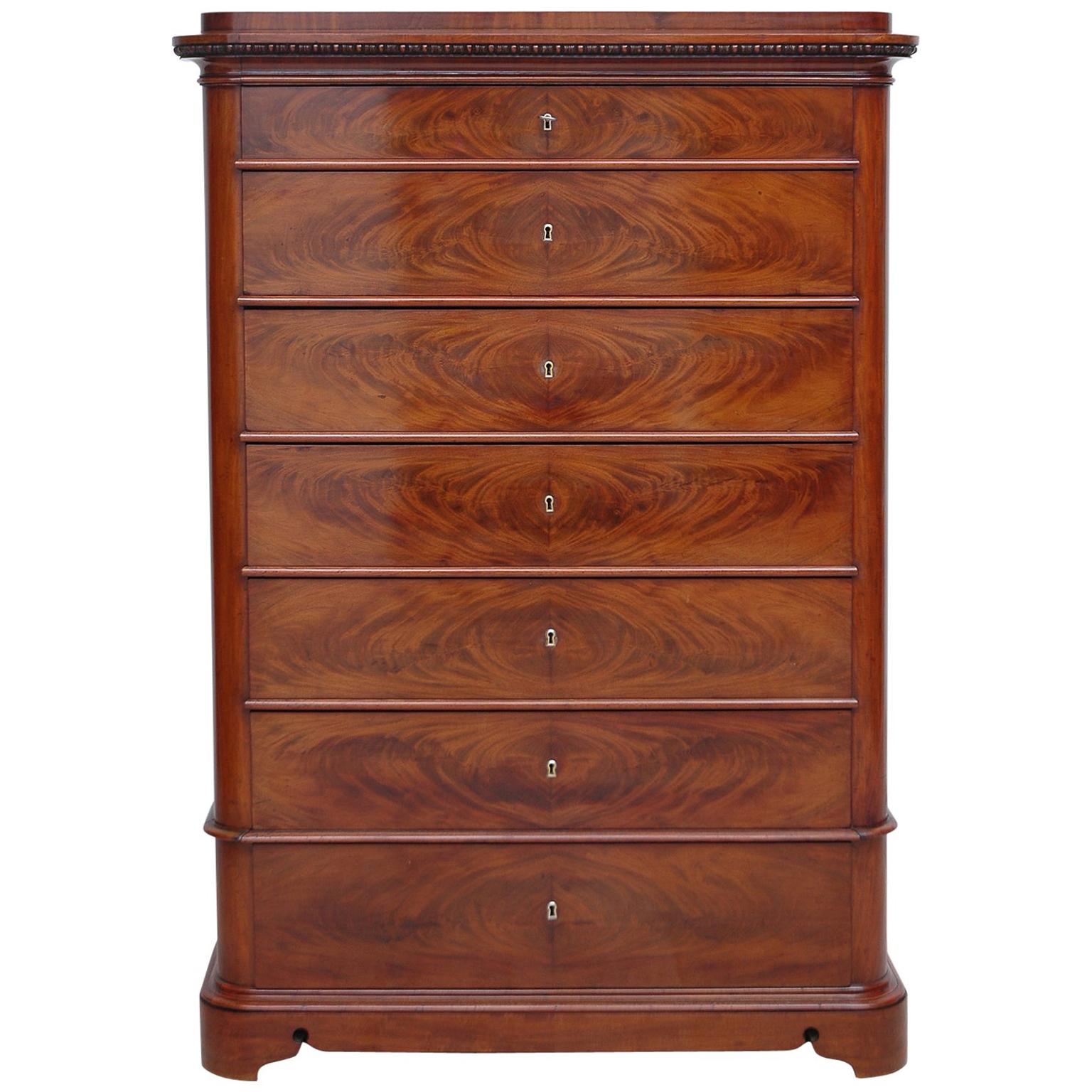 Antique Biedermeier Tall Chest of Drawers in Bookmatched Mahogany, Denmark, 1840 For Sale