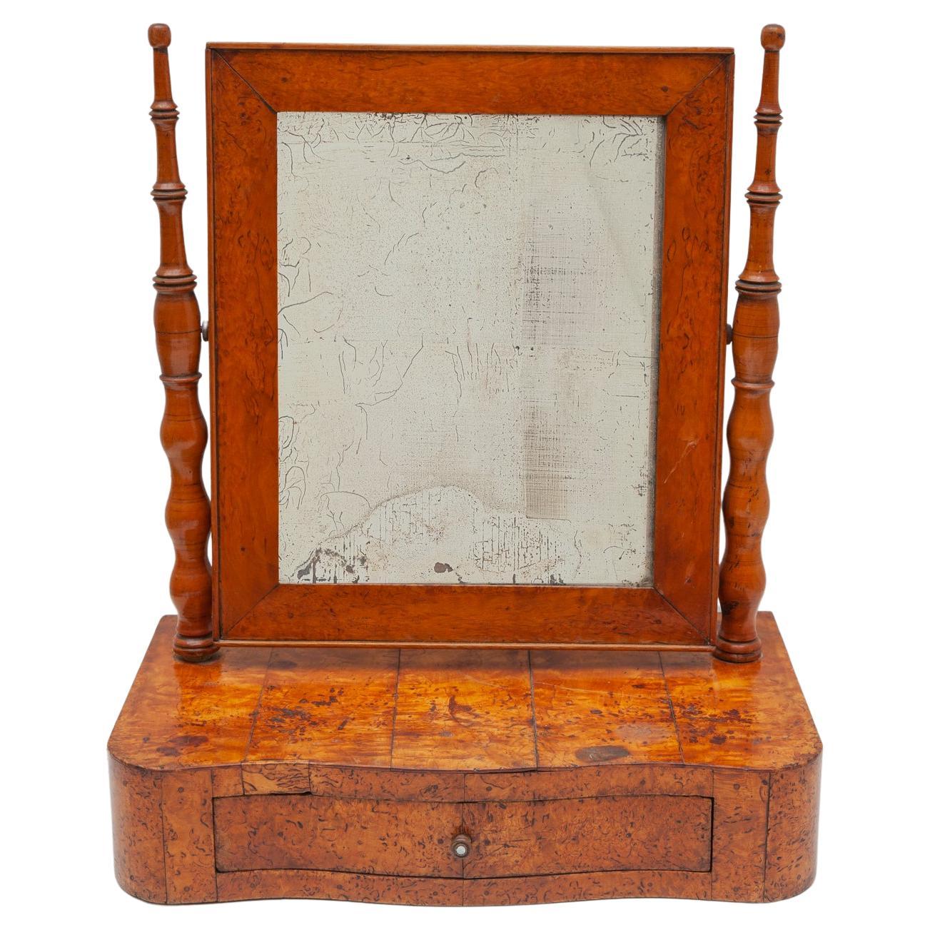 Antique Biedermeier Vanity Table Mirror in Burlwood, 19e siècle, Allemagne en vente