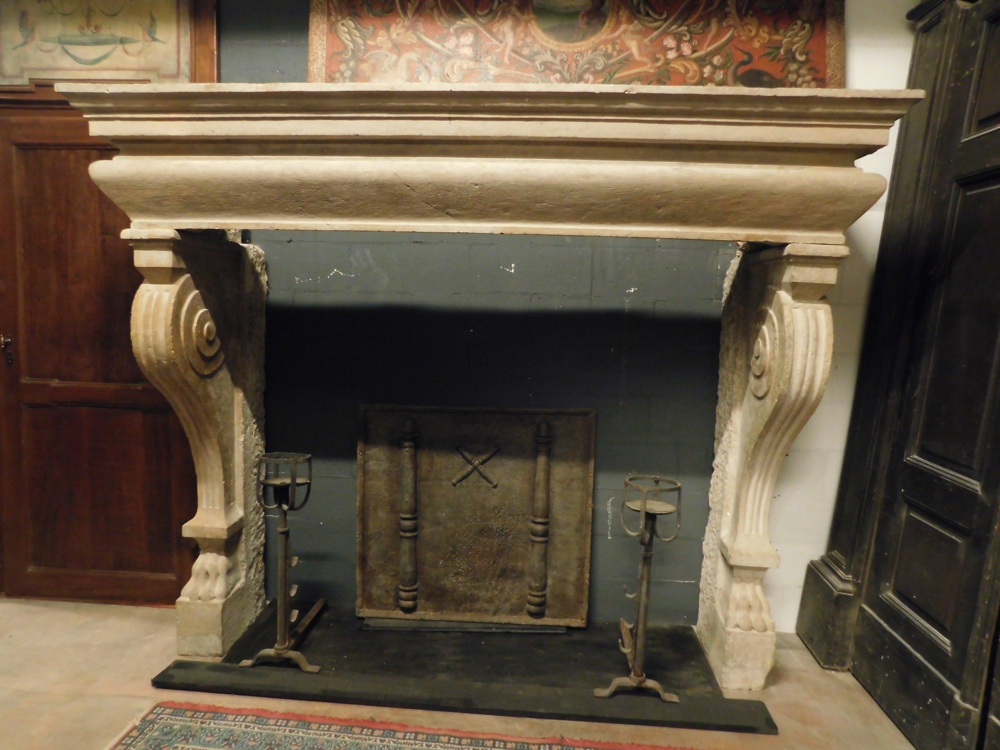 Italian Antique Big Botticino Stone Fireplace Mantel, Scrolls, Lion's Paws, 1500 Italy