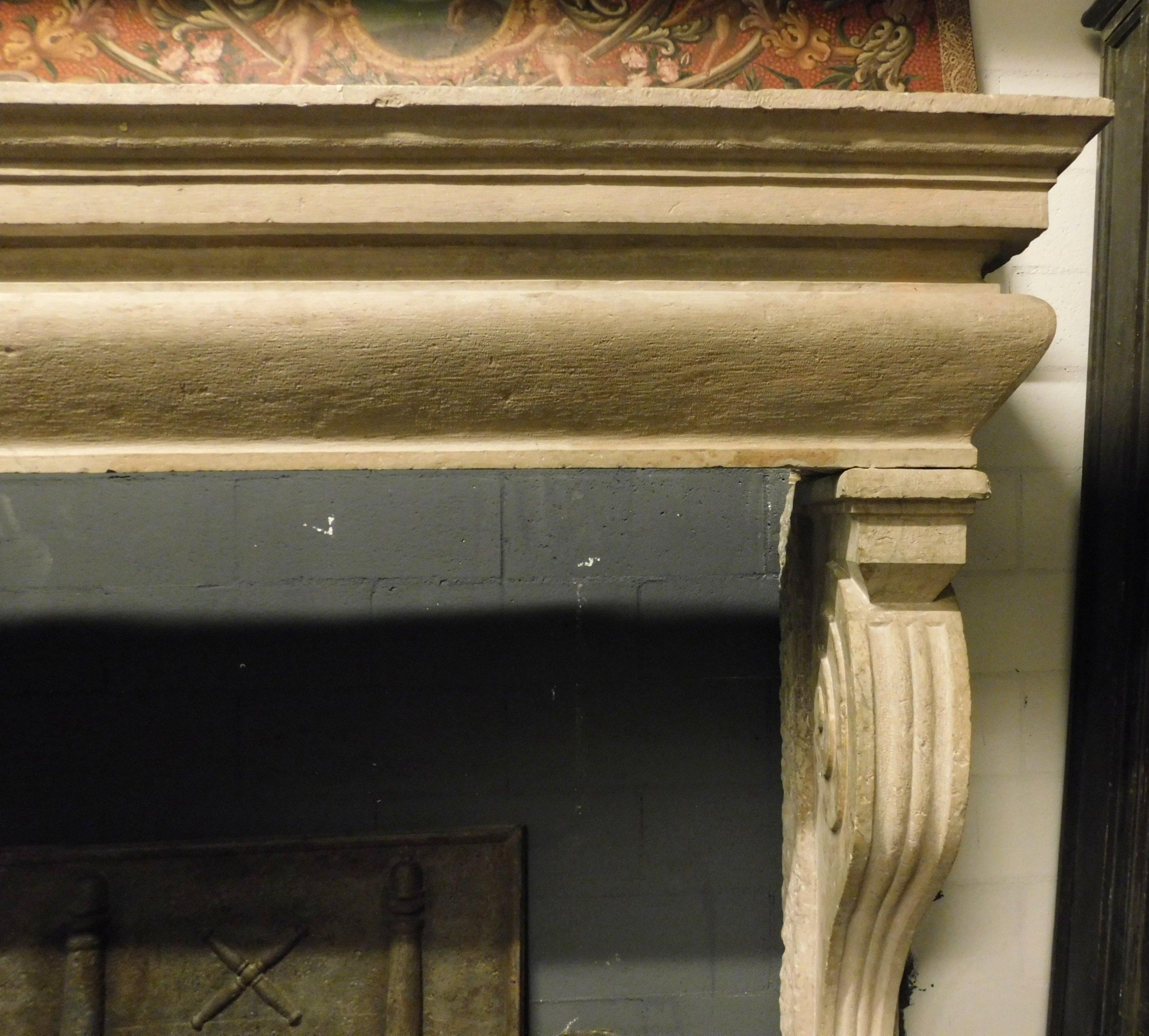Antique Big Botticino Stone Fireplace Mantel, Scrolls, Lion's Paws, 1500 Italy 3