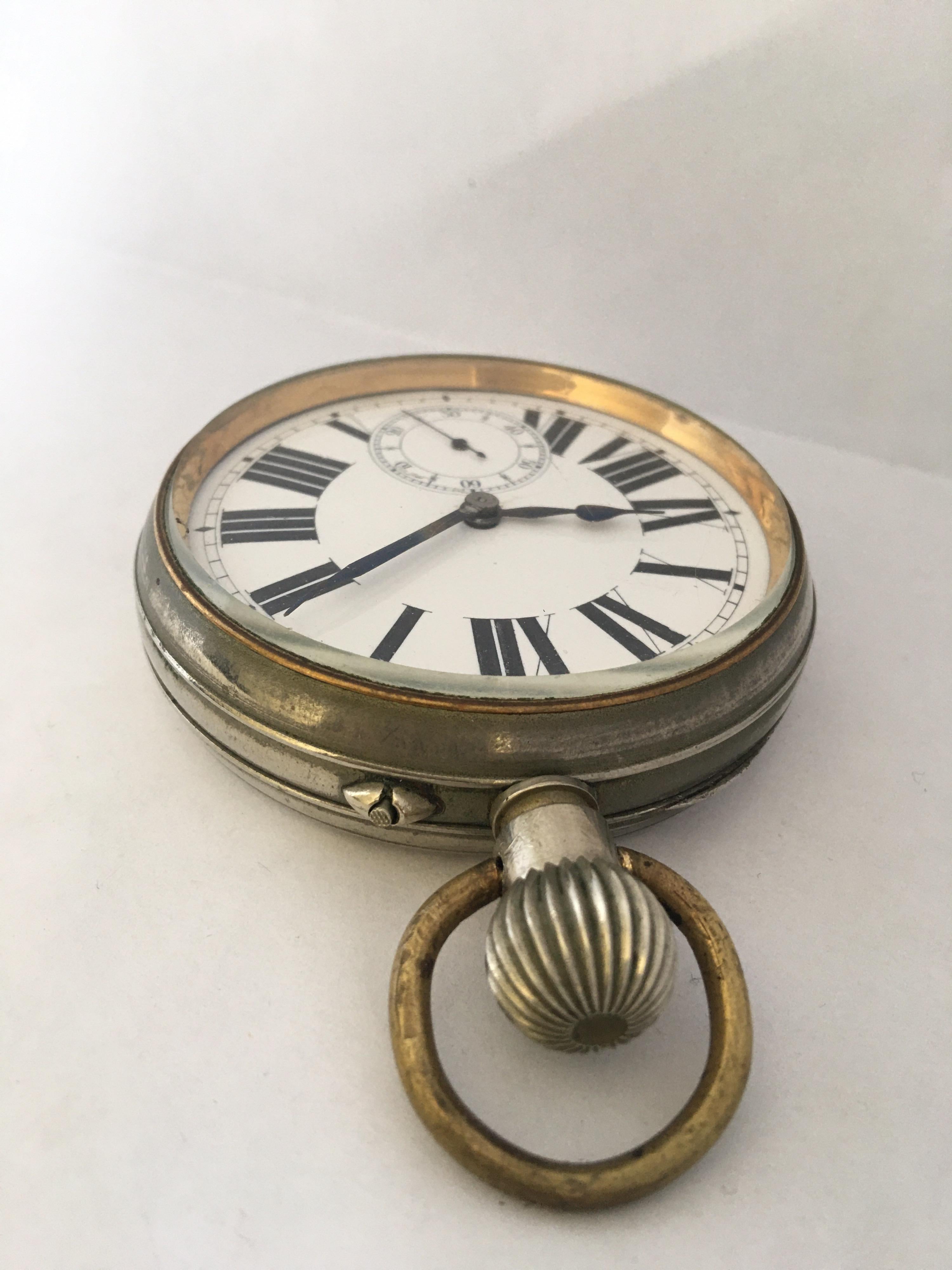 This charming antique big hand winding pocket watch is working and it is ticking well. Visible signs of ageing and used with some scratches on the glass and on the watch case. There is a small hairline crack on the middle part of the dial as shown.