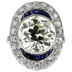 Antique Big Diamond 6.6 ct with Sapphire Ring in Platinum