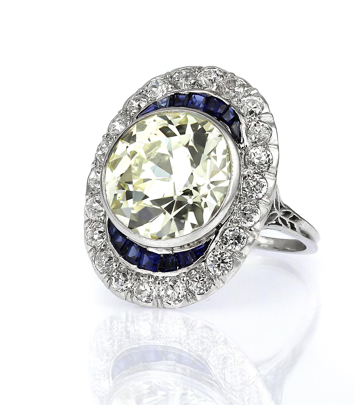 Old European Cut Antique Big Diamond 6.6 ct with Sapphire Ring in Platinum