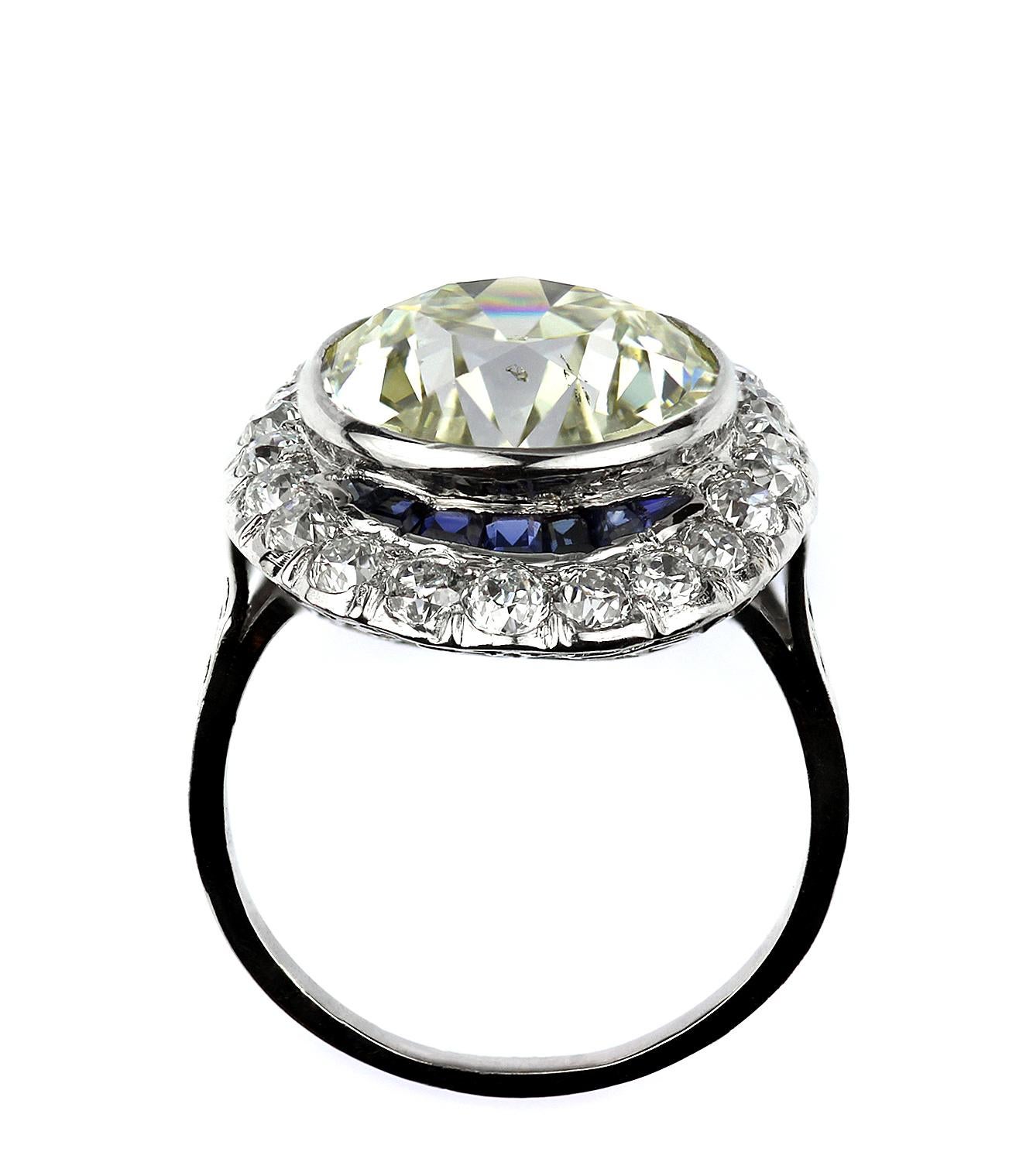 Antique Big Diamond 6.6 ct with Sapphire Ring in Platinum 1