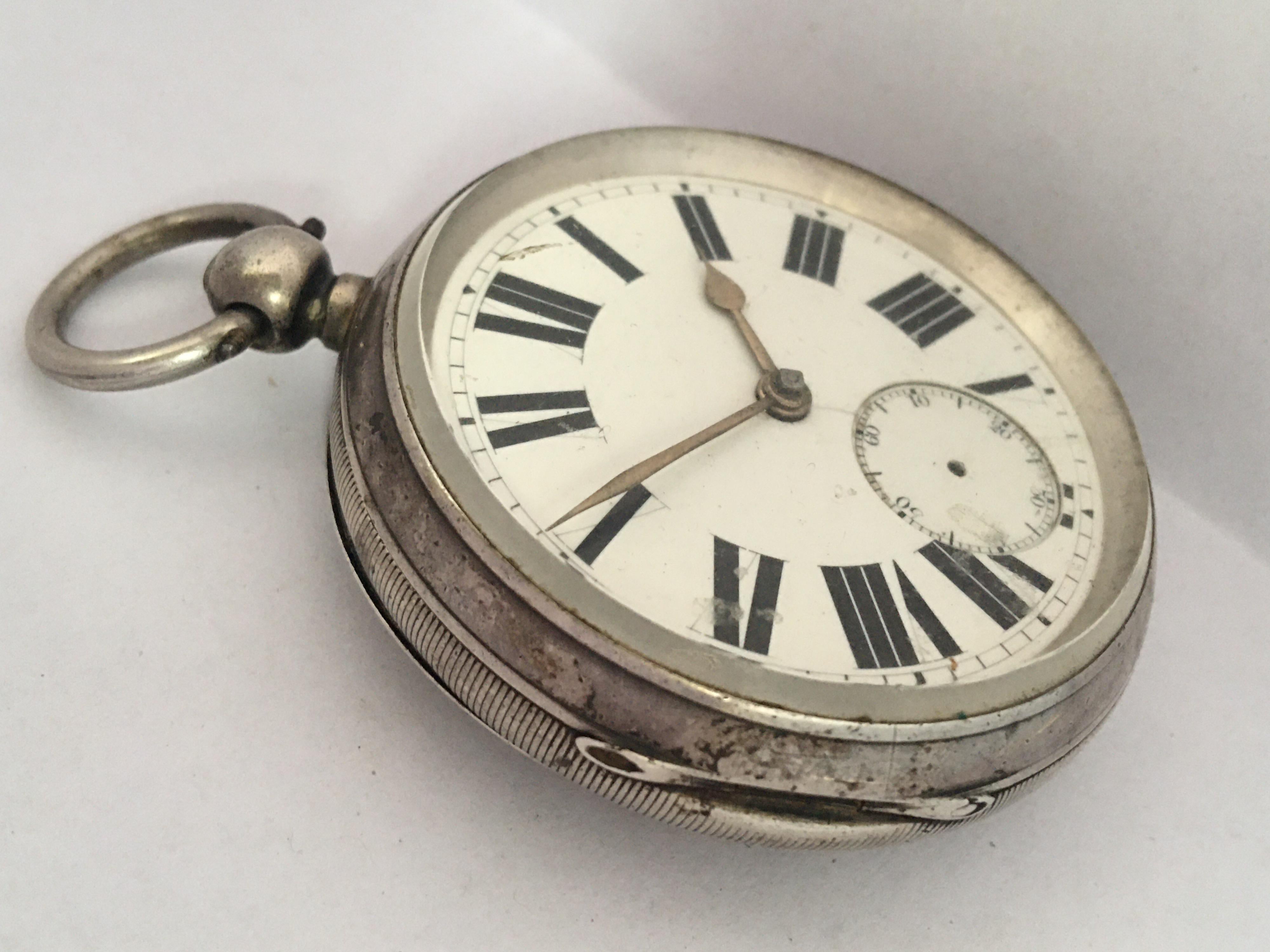 Antique Big Silver Key Winding Pocket Watch For Sale 7