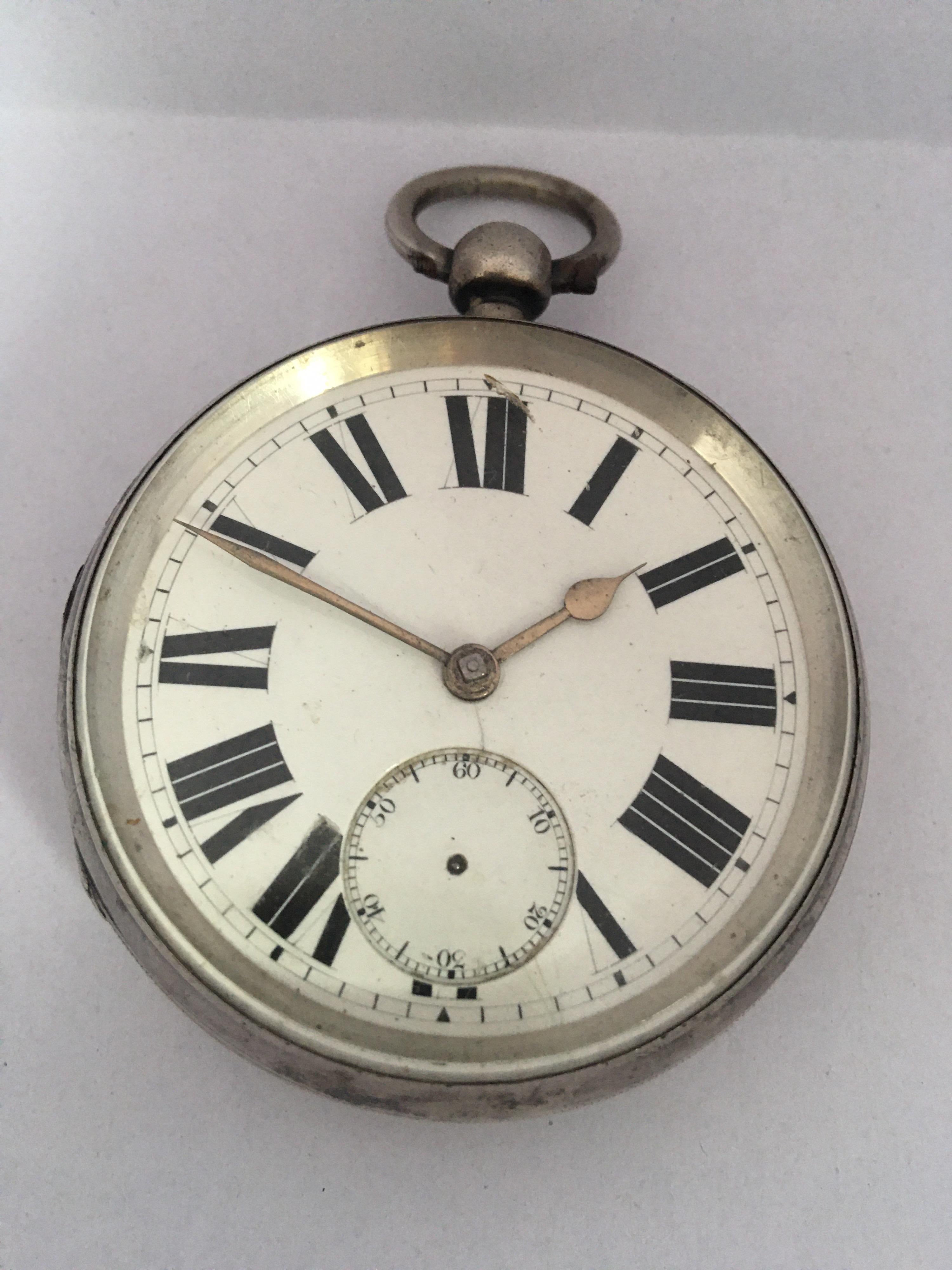 Antique Big Silver Key Winding Pocket Watch For Sale 8