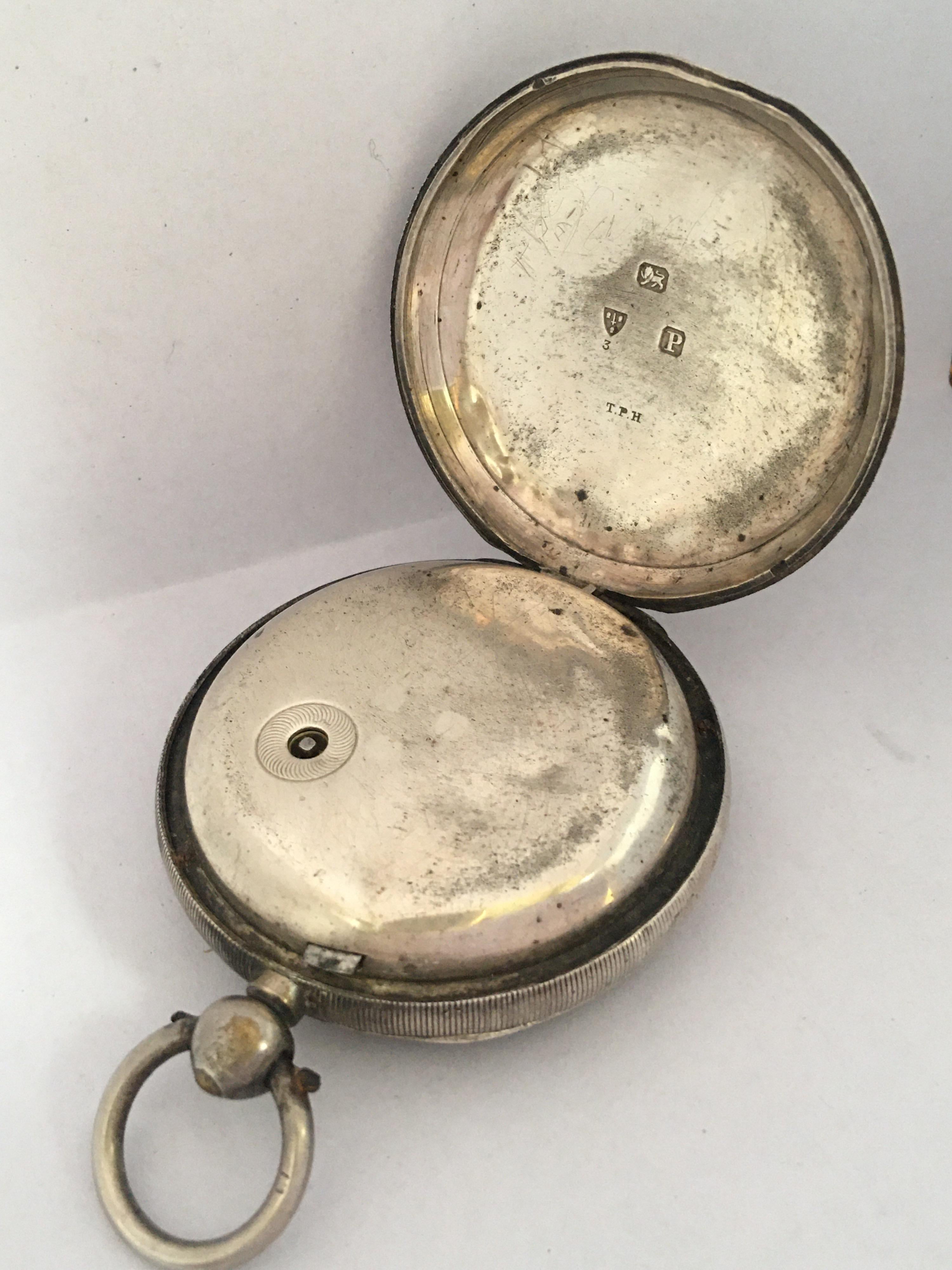 This beautiful heavy antique 56mm diameter (Excluding the crown) pocket watch is working and running well. Visible signs of ageing and wear with light surface marks on the glass and on the silver watch case. Visible dents and tore on the watch case